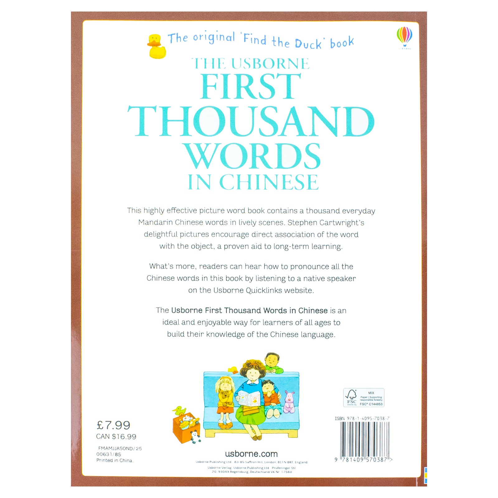 Inside page of First Thousand Words in Chinese showing illustrated Mandarin vocabulary scenes by Stephen Cartwright