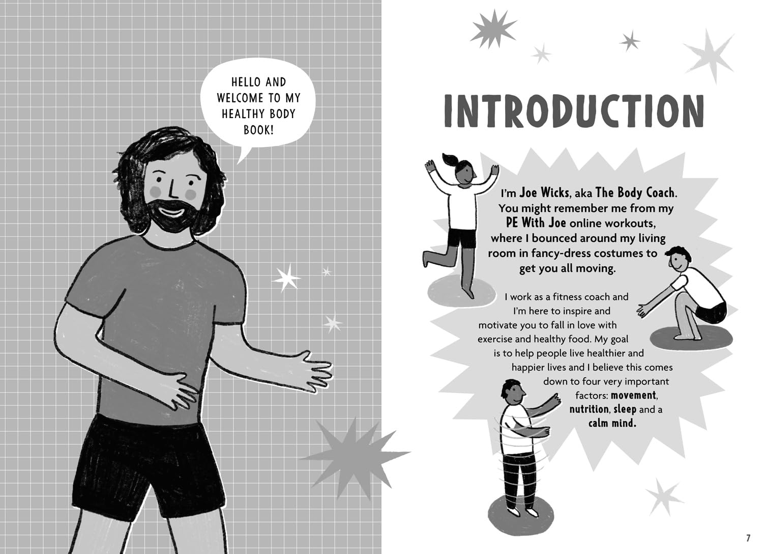 Fitter, Healthier, Happier! by Joe Wicks - close-up detail of the illustrated paperback book for kids ages 7-11