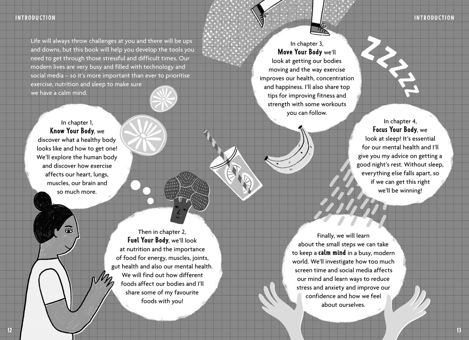 Fitter, Healthier, Happier! by Joe Wicks - sample illustrated inside pages showing exercise and nutrition content