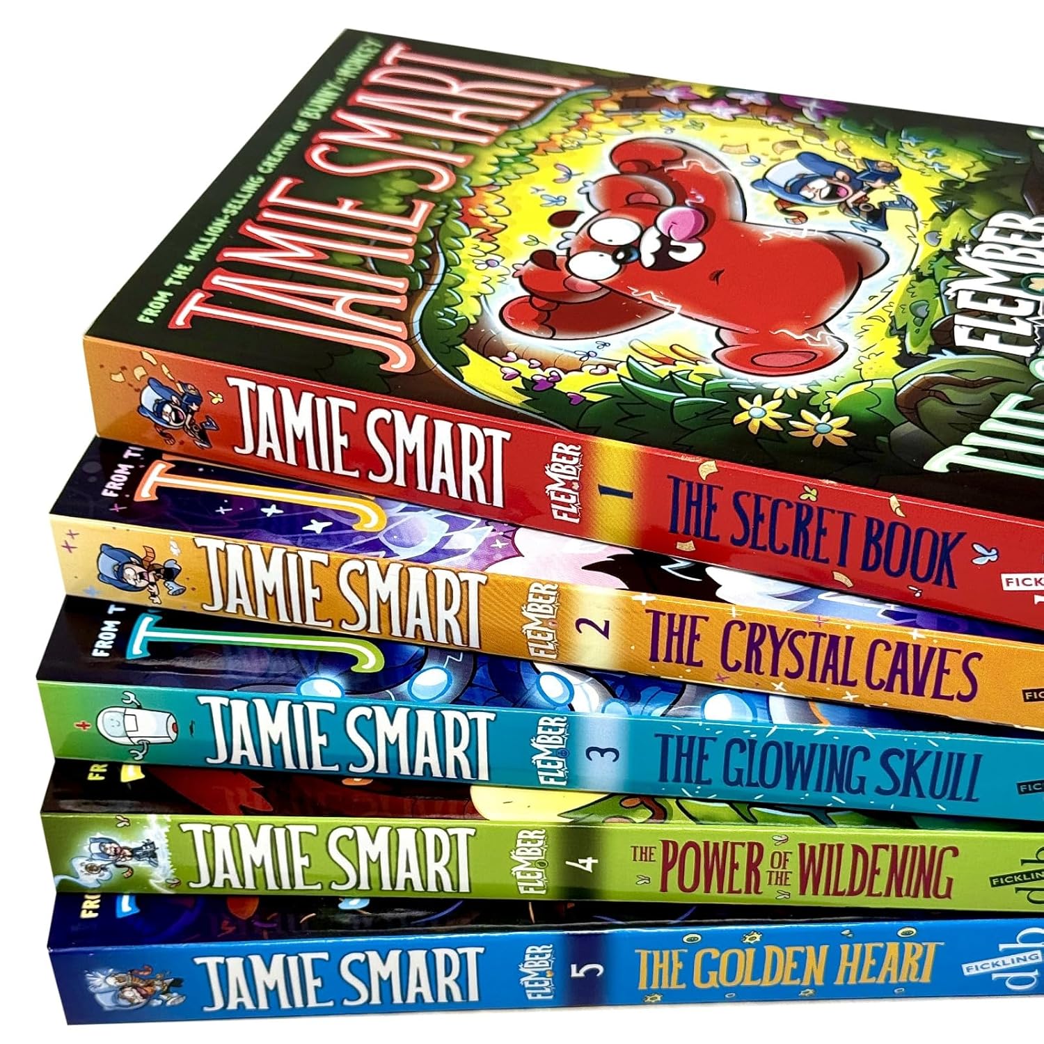 Flember The Secret Book and The Crystal Caves paperback covers by Jamie Smart