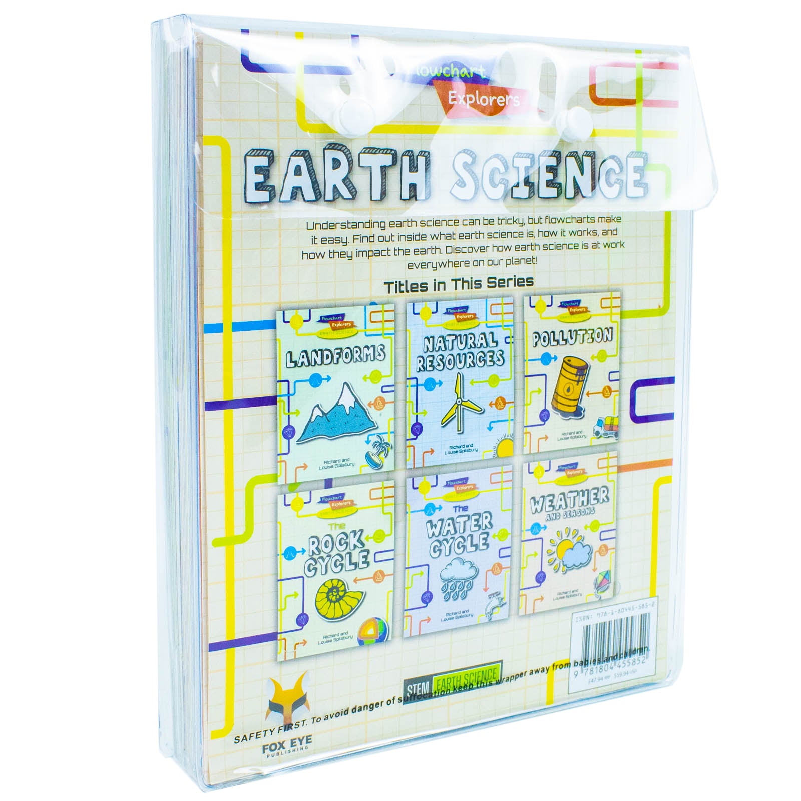 Flowchart Explorers Earth Science paperback set covers - Landforms, Natural Resources, Pollution, Rock Cycle, Water Cycle, Weather