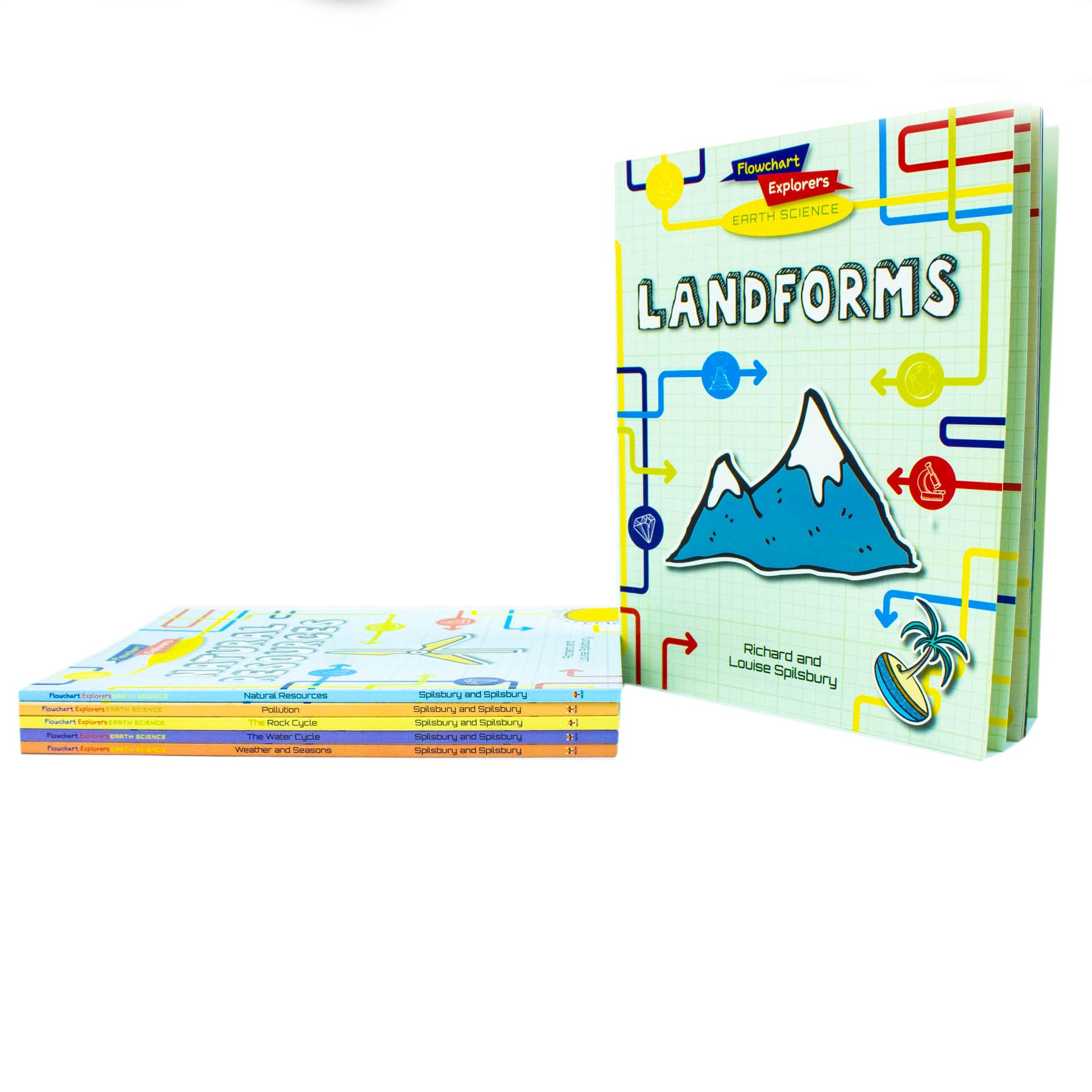 Flowchart Explorers Earth Science Landforms and Rock Cycle books close-up cover detail