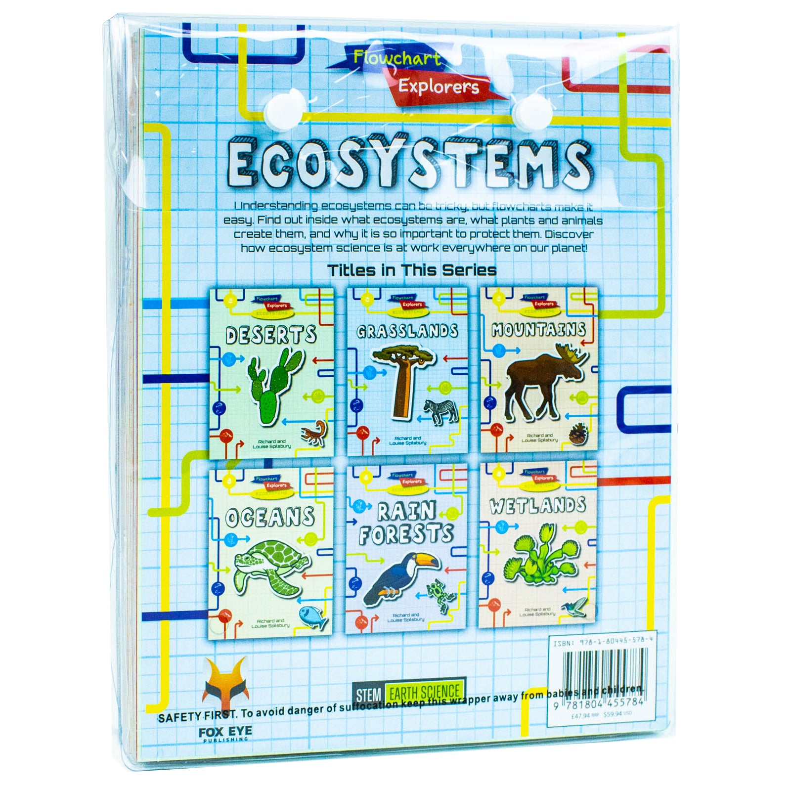 Flowchart Explorers Ecosystems paperback set showing flowchart pages inside - Deserts, Oceans, Wetlands - Ages 7-11