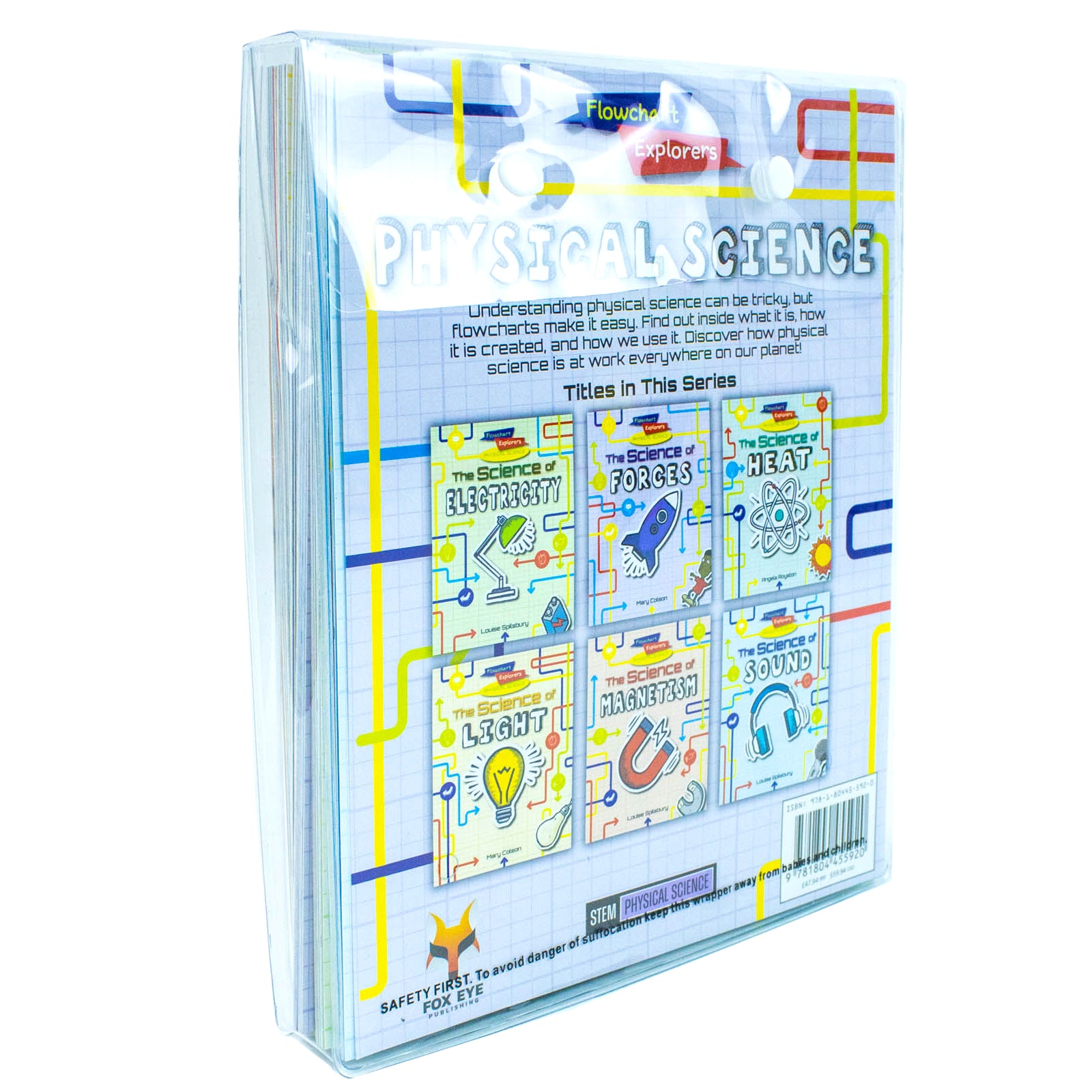 Flowchart Explorers Physical Science STEM 6-Book Set covers and spines showing Electricity, Forces, Heat, Light, Magnetism and Sound titles