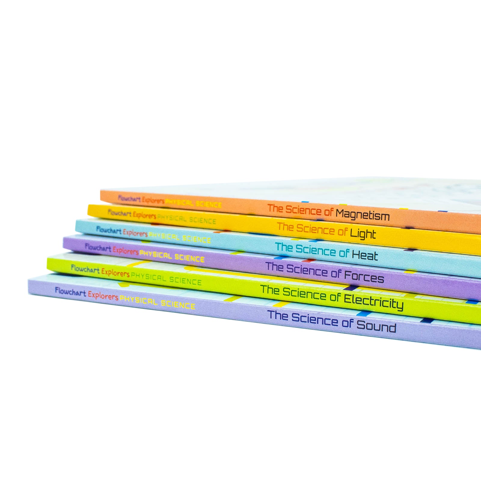 Flowchart Explorers Physical Science STEM book set close-up of Heat, Light, Magnetism and Sound paperback covers