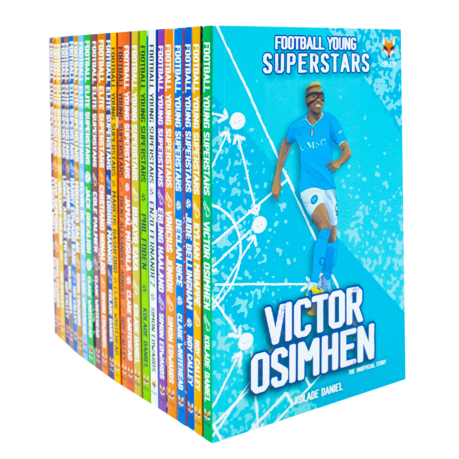 Football Elite Superstars 12 book titles featuring Messi, Ronaldo, Salah and Kane