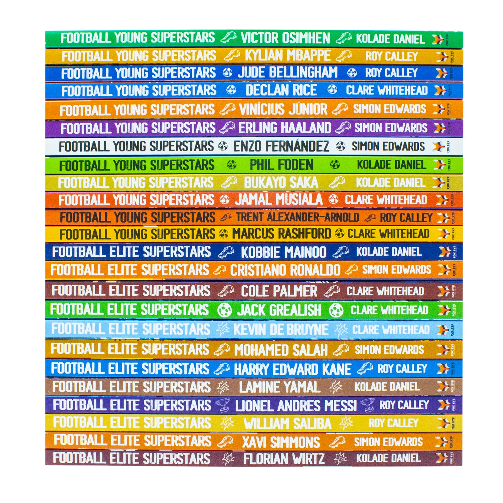 Football Young Superstars 12 book titles featuring Bellingham, Mbappe, Saka and Haaland