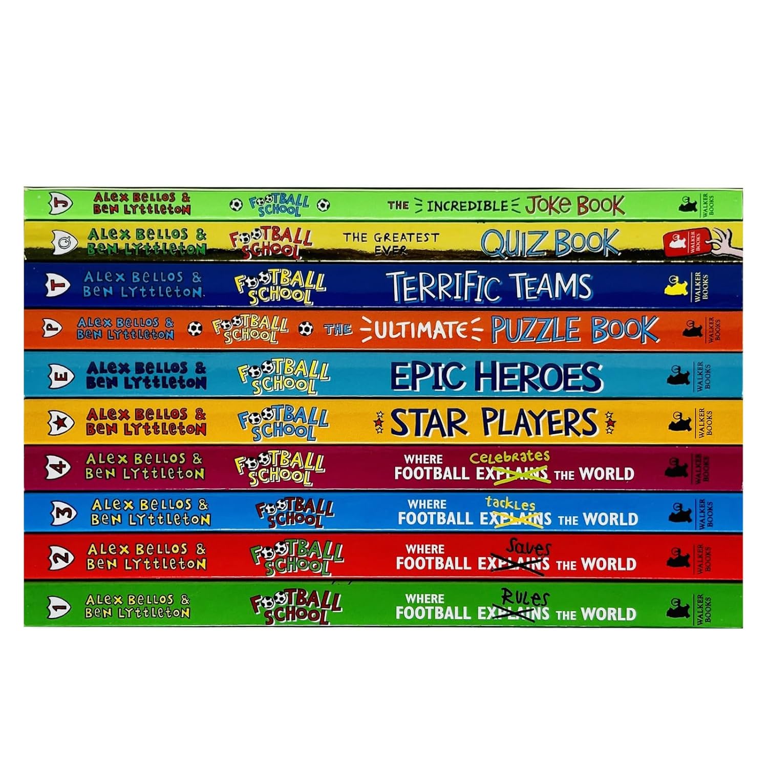 Football School Fan-Thology 10 paperback books shown with spines, Alex Bellos & Ben Lyttleton, ages 7-9
