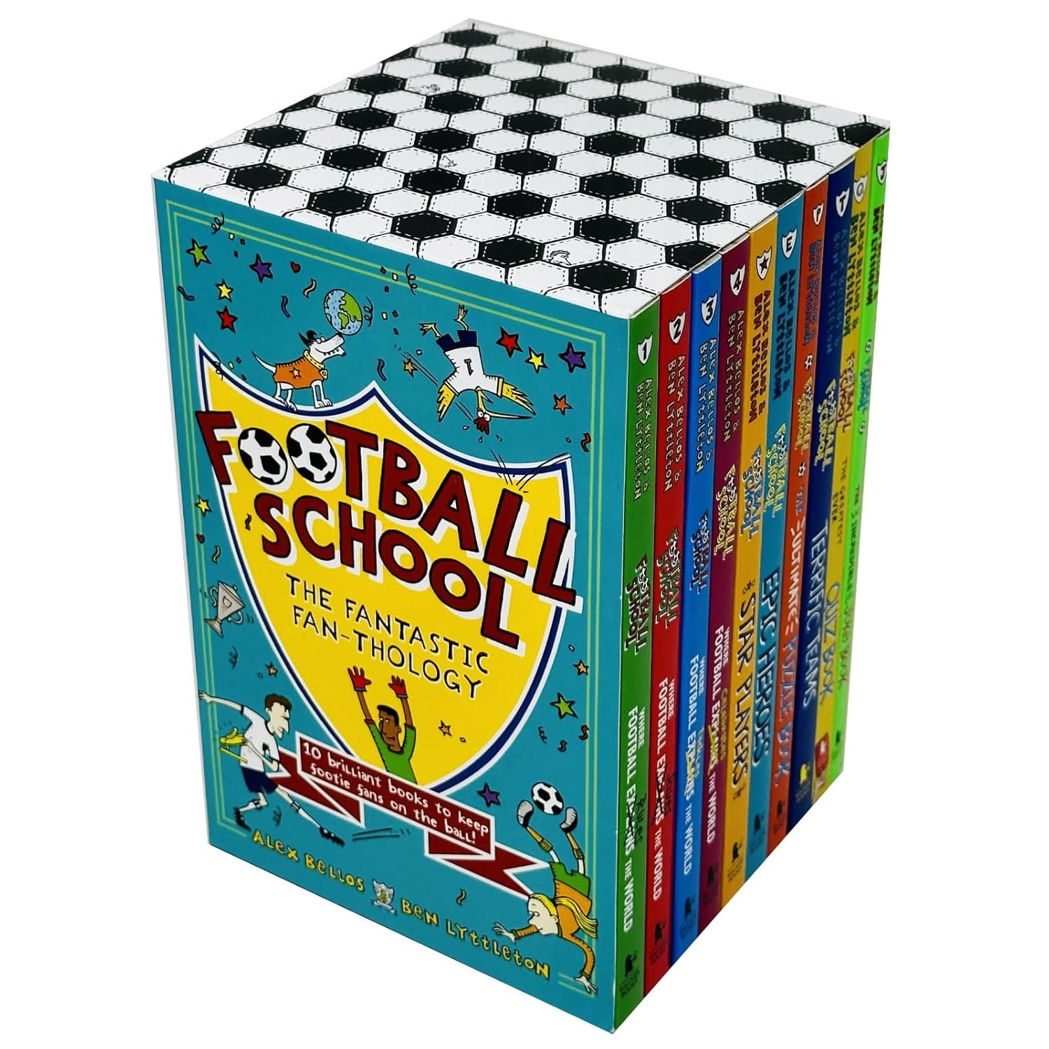 Inside pages of Football School Fan-Thology paperback books showing football facts, quizzes and illustrations