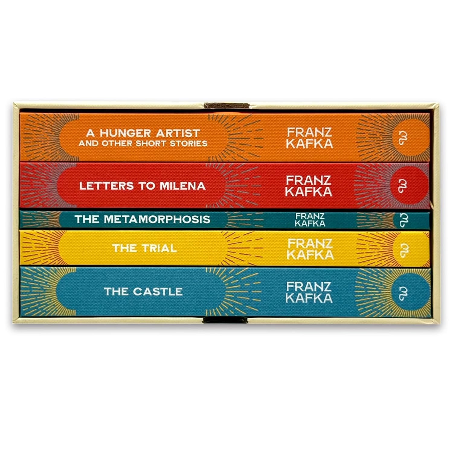 Spines of the Franz Kafka 5 book hardback collection set including The Trial and The Castle