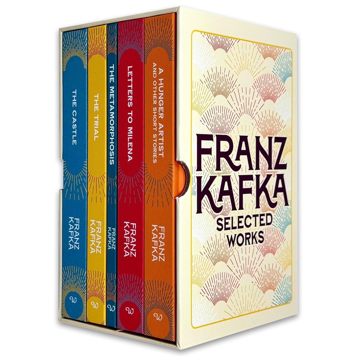 The Collected Works of Franz Kafka 5 Book Hardback Box Set cover showing The Trial, The Castle, The Metamorphosis, Short Stories and Letters to Milena