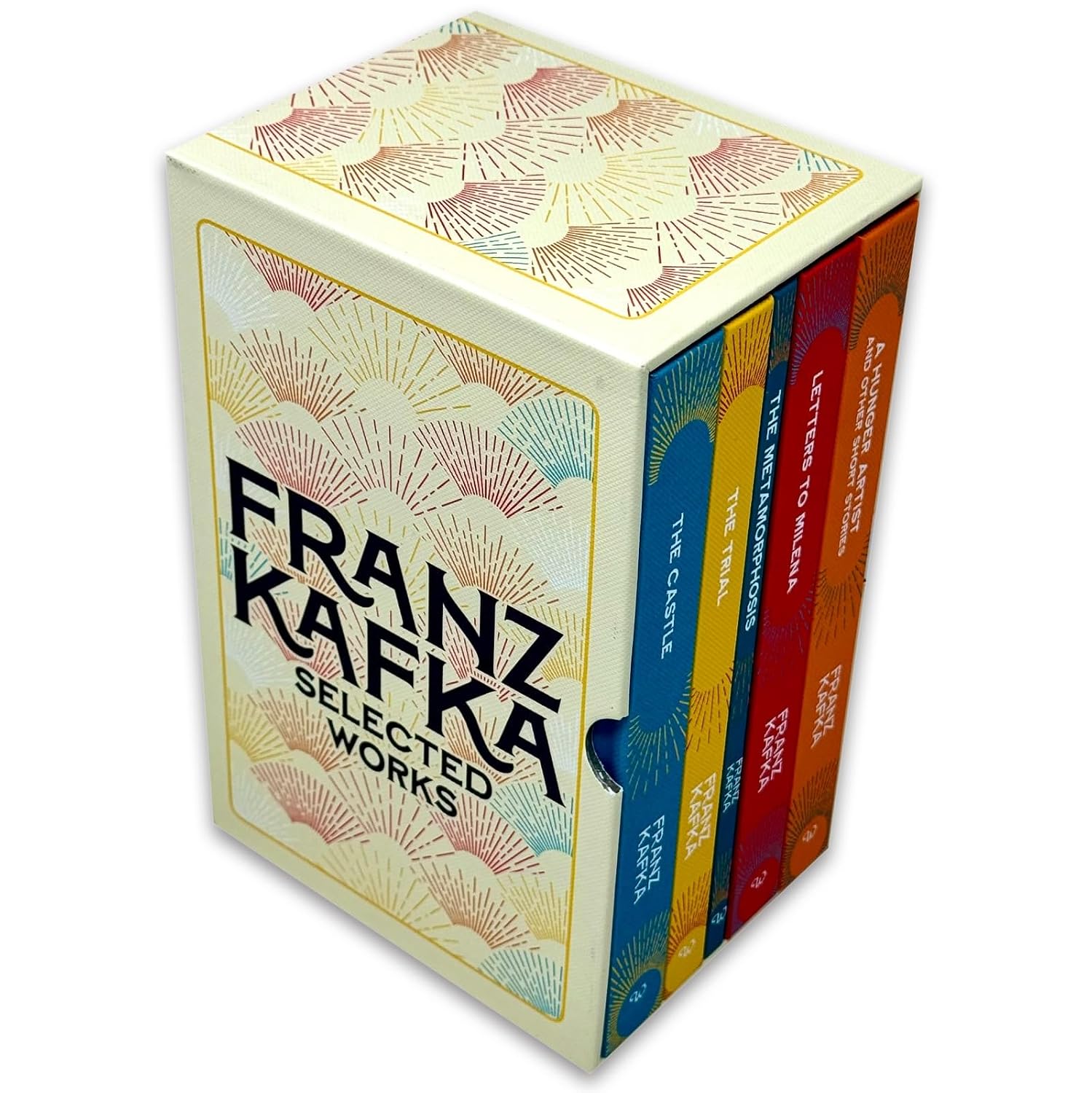 The five hardback books in the Franz Kafka collected works box set displayed together