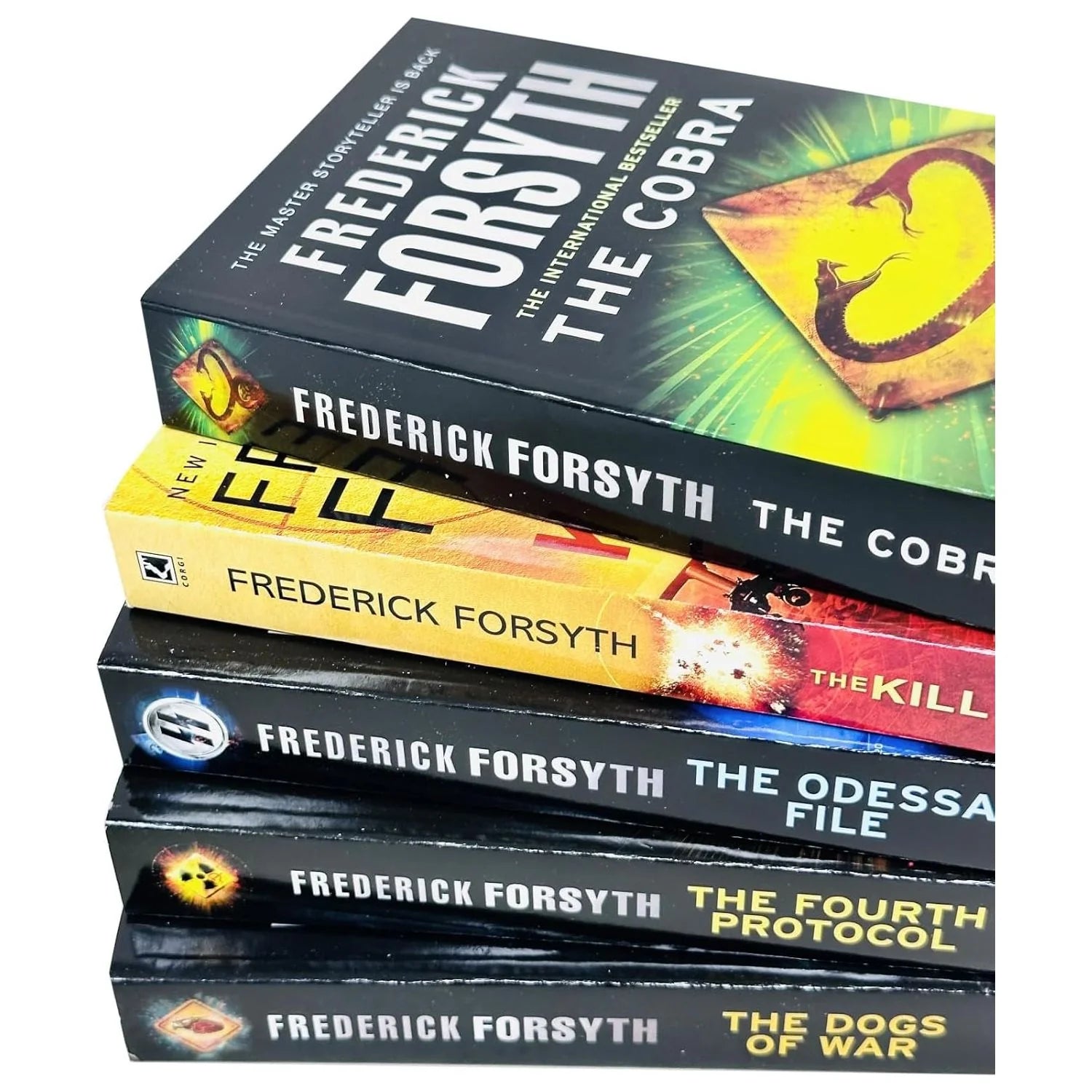 Frederick Forsyth 5 Books Collection Set paperback covers showing The Fourth Protocol and The Dogs of War
