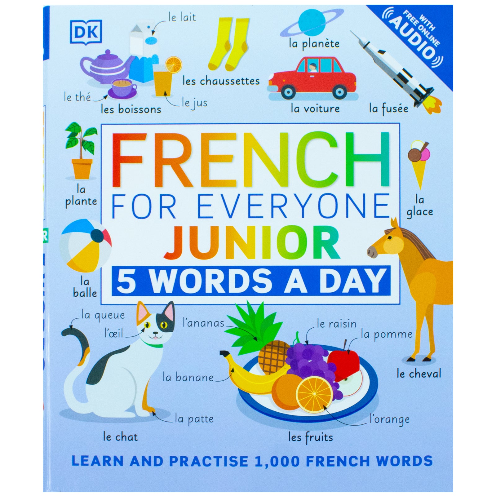 Inside page of French for Everyone Junior 5 Words a Day by DK showing illustrated French vocabulary scene