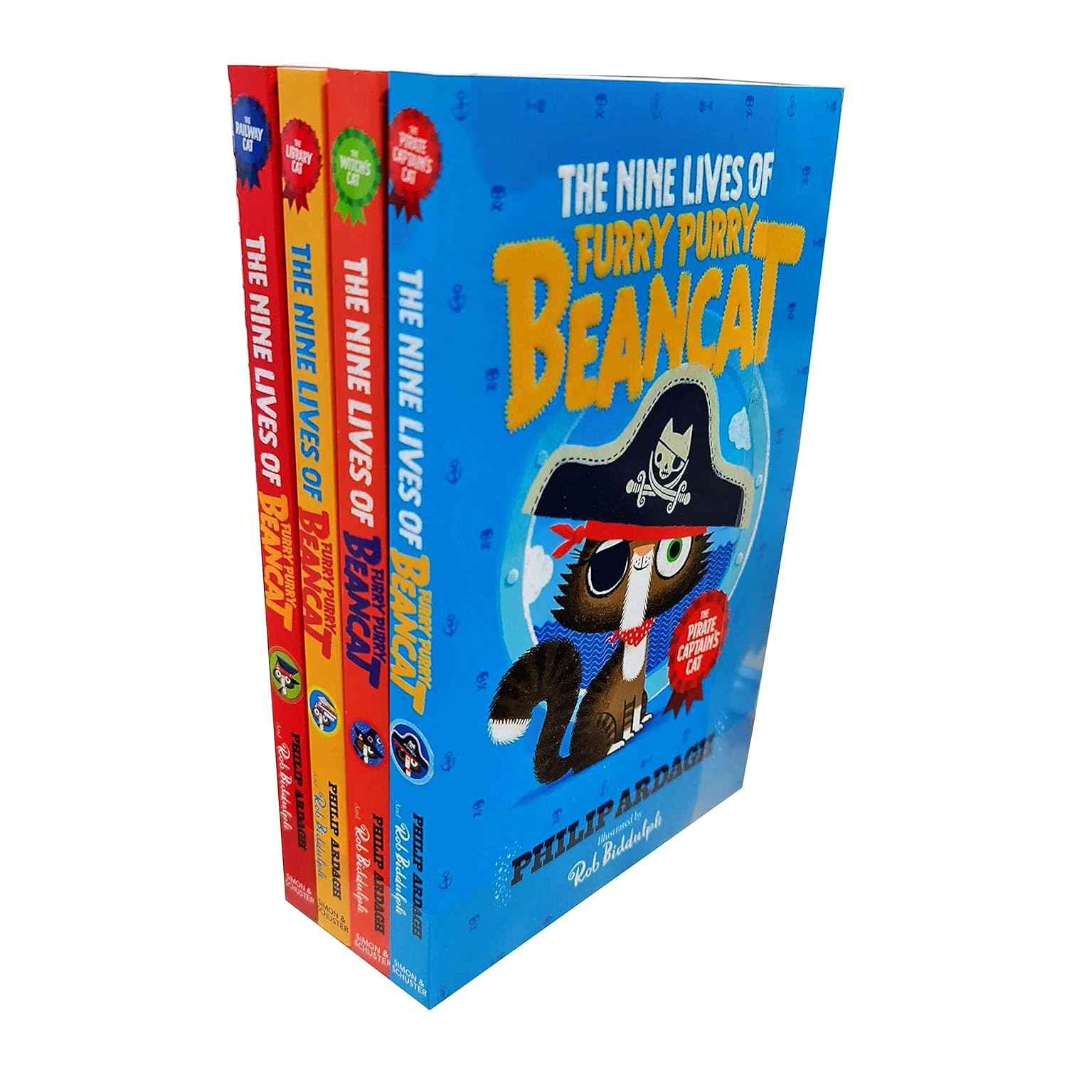 Furry Purry Beancat paperback book set cover featuring The Pirate Captain's Cat, The Railway Cat, The Library Cat and The Witch's Cat