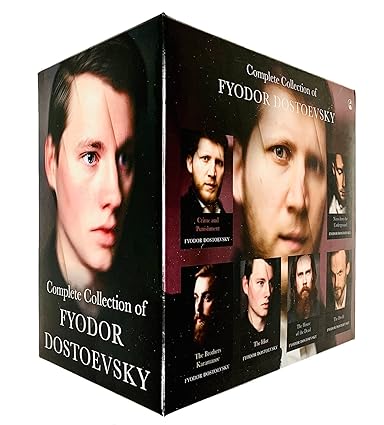 Spines of the Fyodor Dostoevsky 6 book paperback collection set showing all six classic Russian literature titles