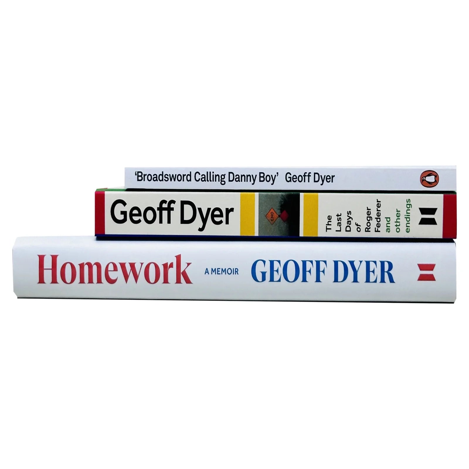 Geoff Dyer 3 Books Collection Set stacked - Homework, The Last Days of Roger Federer, Broadsword Calling Danny Boy