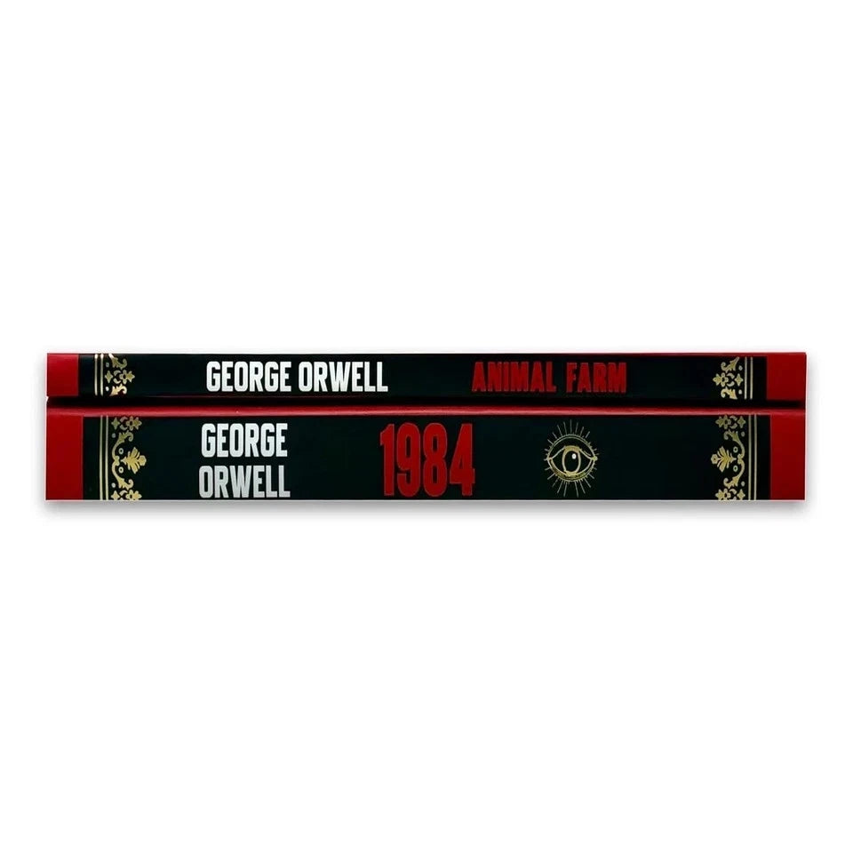Close-up of George Orwell hardcover book set cover design, 1984 and Animal Farm