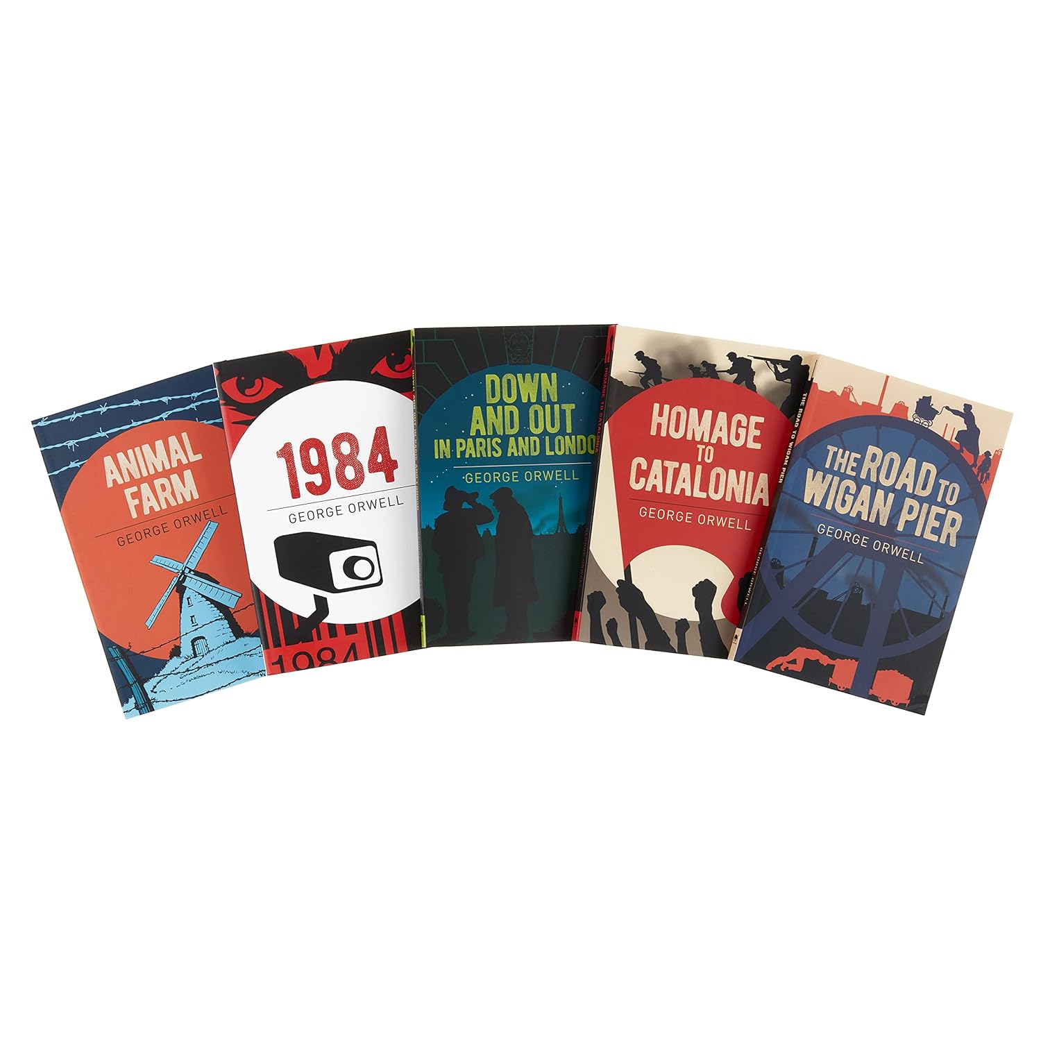 Close-up of the George Orwell Classic Collection paperback boxset showing Down and Out in Paris and London and Animal Farm covers