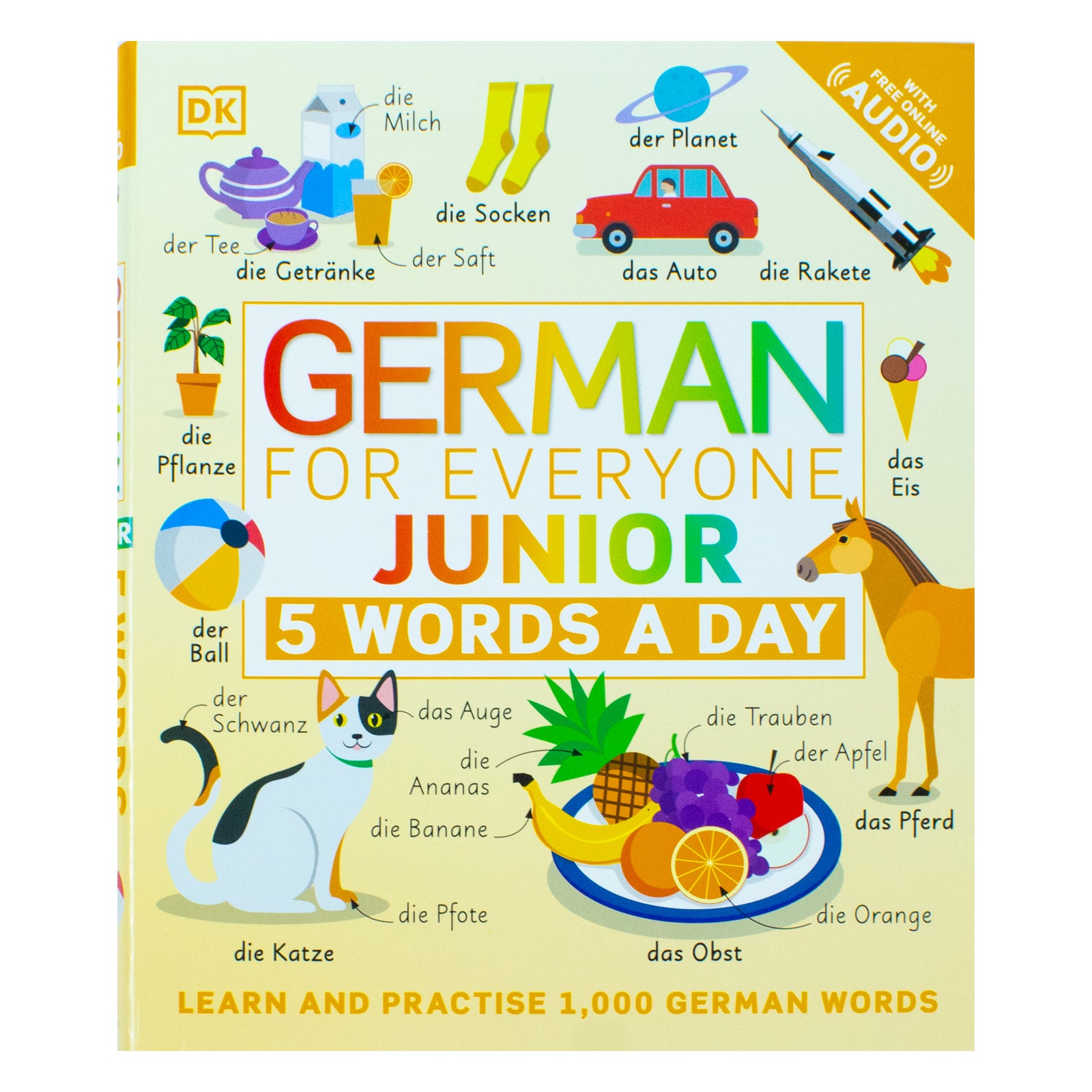German for Everyone Junior 5 Words a Day by DK - inside spread showing interactive jacket flaps for self-testing German vocabulary