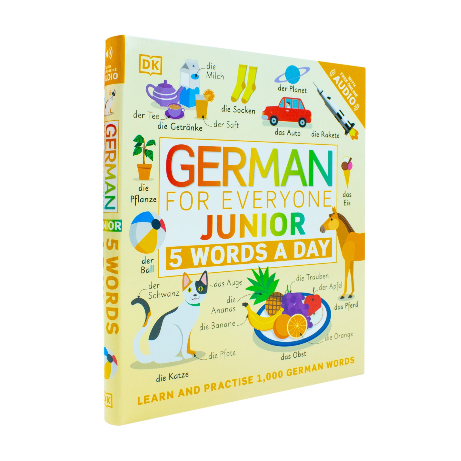 German for Everyone Junior 5 Words a Day by DK - Flexibound workbook page showing illustrated German vocabulary for ages 6-9
