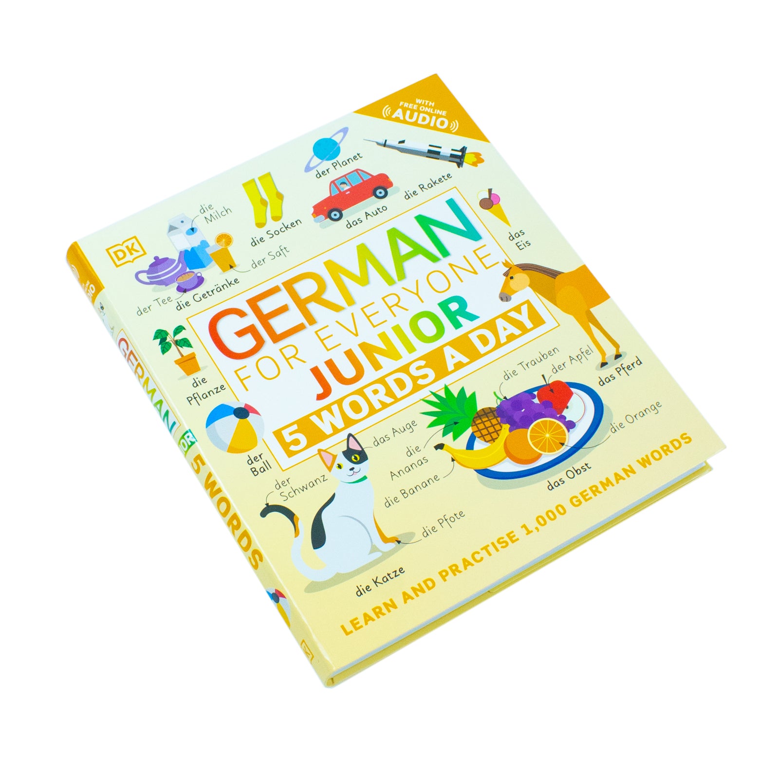German for Everyone Junior 5 Words a Day by DK - front cover of the flexibound German vocabulary workbook for children ages 6-9