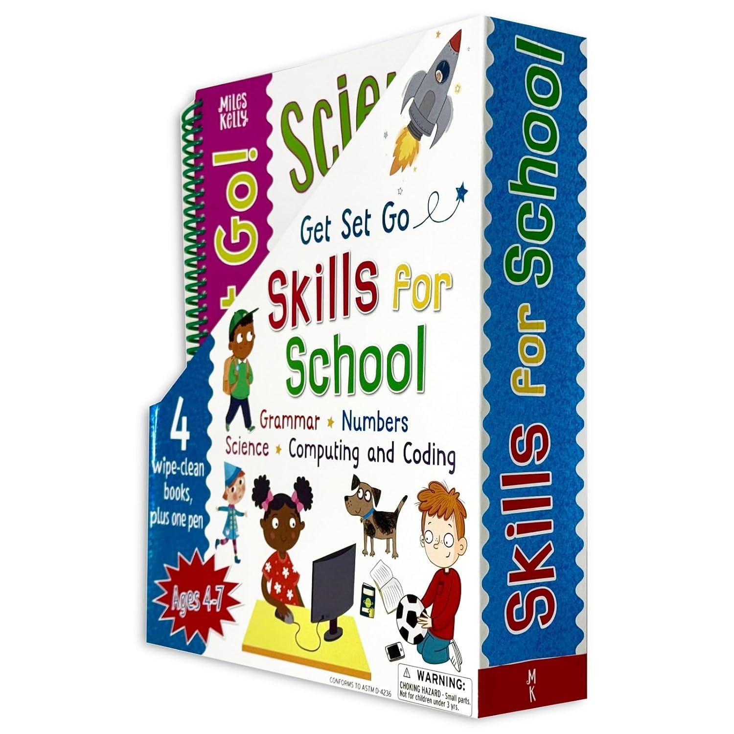 Get Set Go Skills for School 4 wipe clean books set with pen by Miles Kelly, ages 4-7