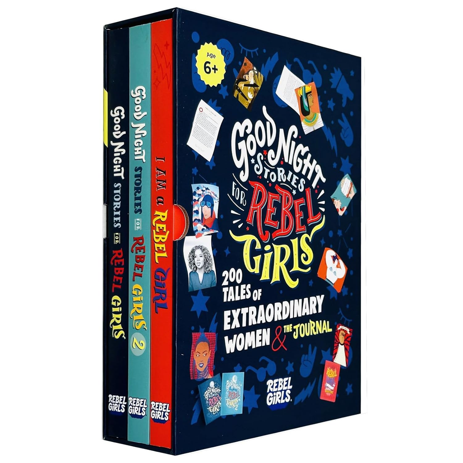 Good Night Stories for Rebel Girls Journal alongside the two paperback story collection volumes