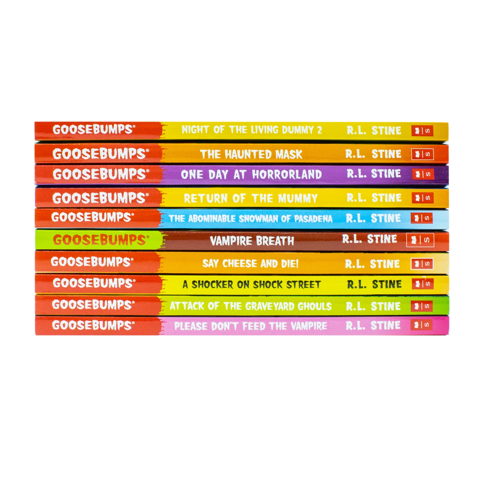 Goosebumps Classic Series 10 Books Collection Set 1 by R.L. Stine - close-up of paperback covers including Night of the Living Dummy