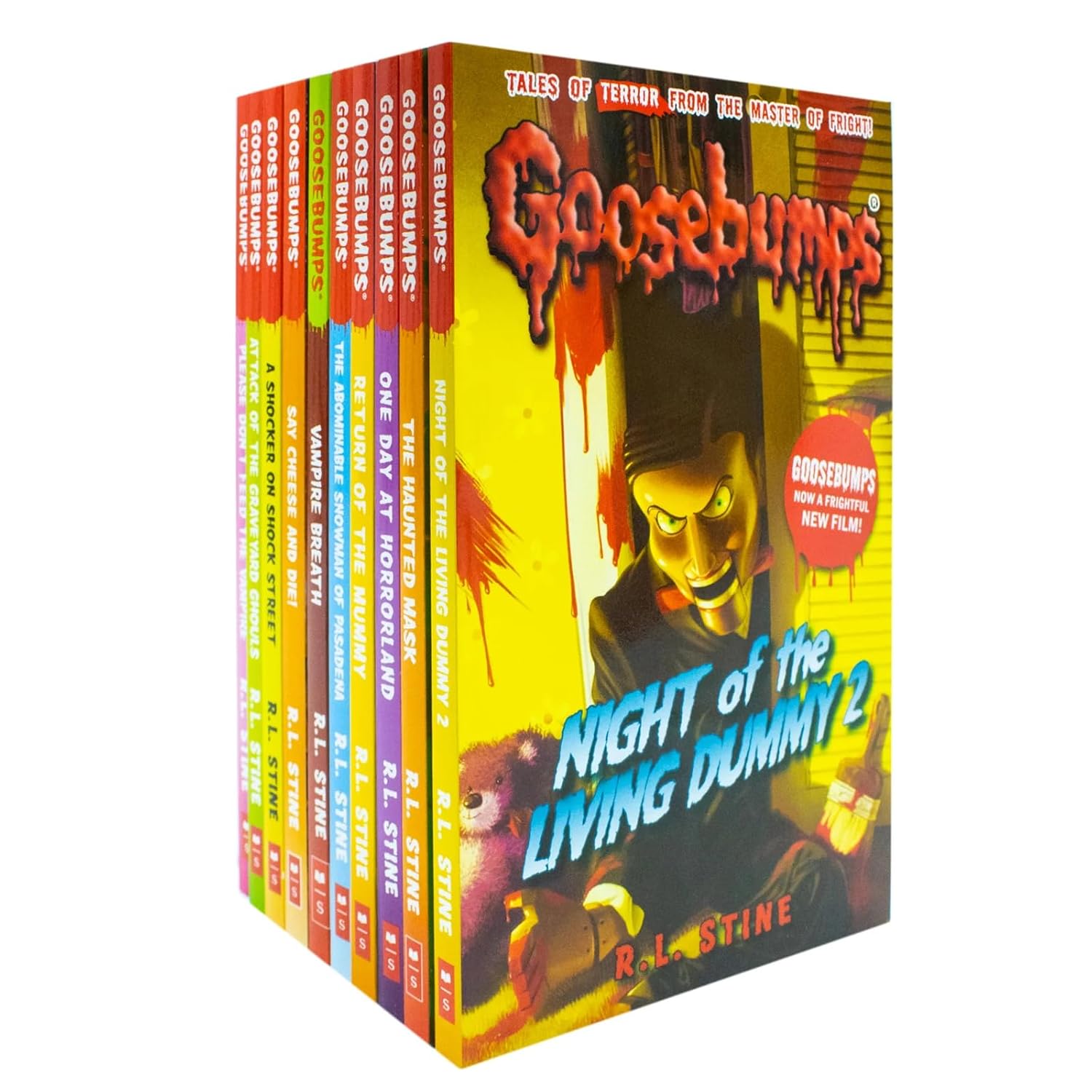 Close-up of Goosebumps HorrorLand and SlappyWorld paperback book covers, 26 book collection set