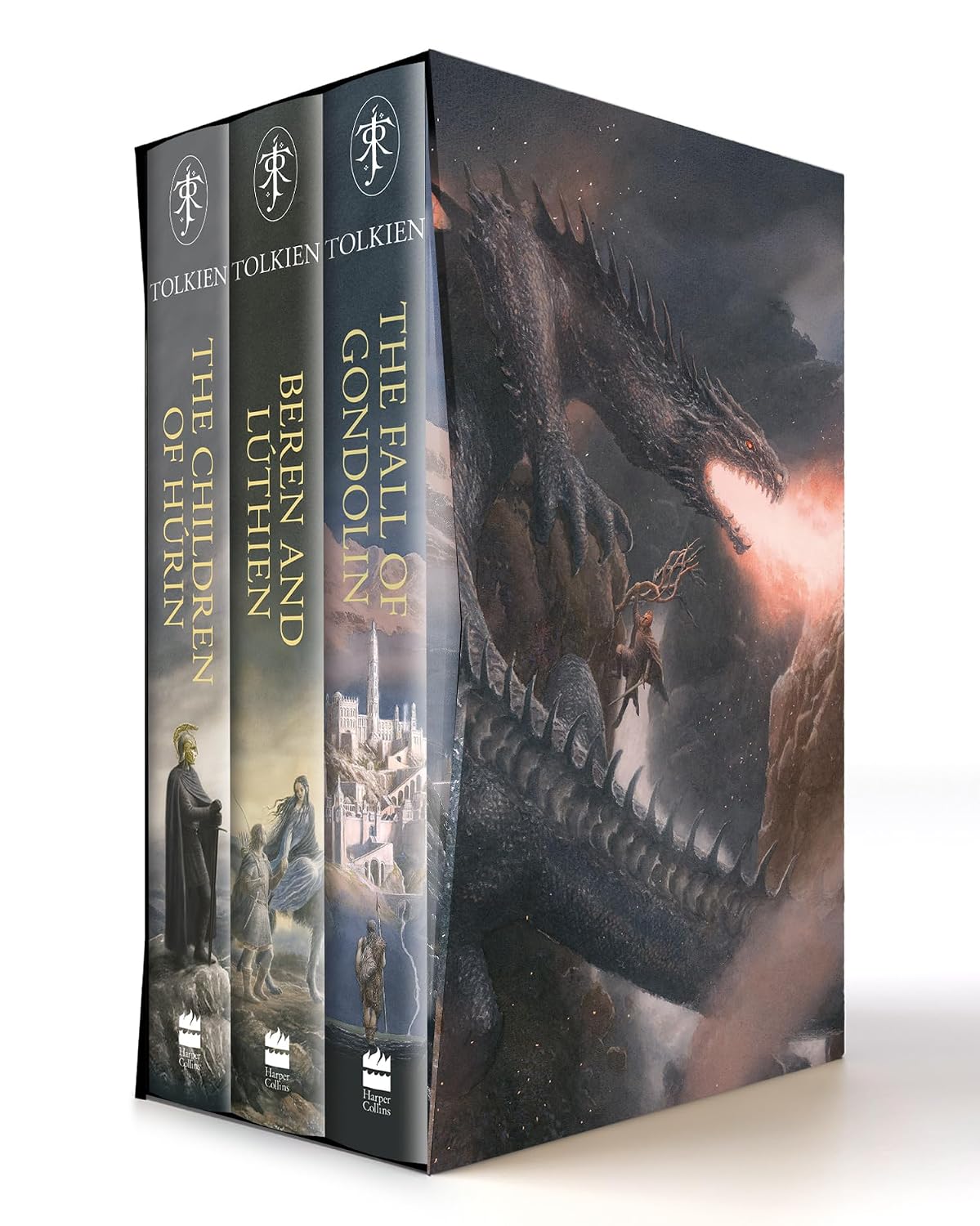 The Great Tales of Middle-earth hardback boxed set by J.R.R. Tolkien, featuring The Children of Húrin, Beren and Lúthien, and The Fall of Gondolin, illustrated by Alan Lee