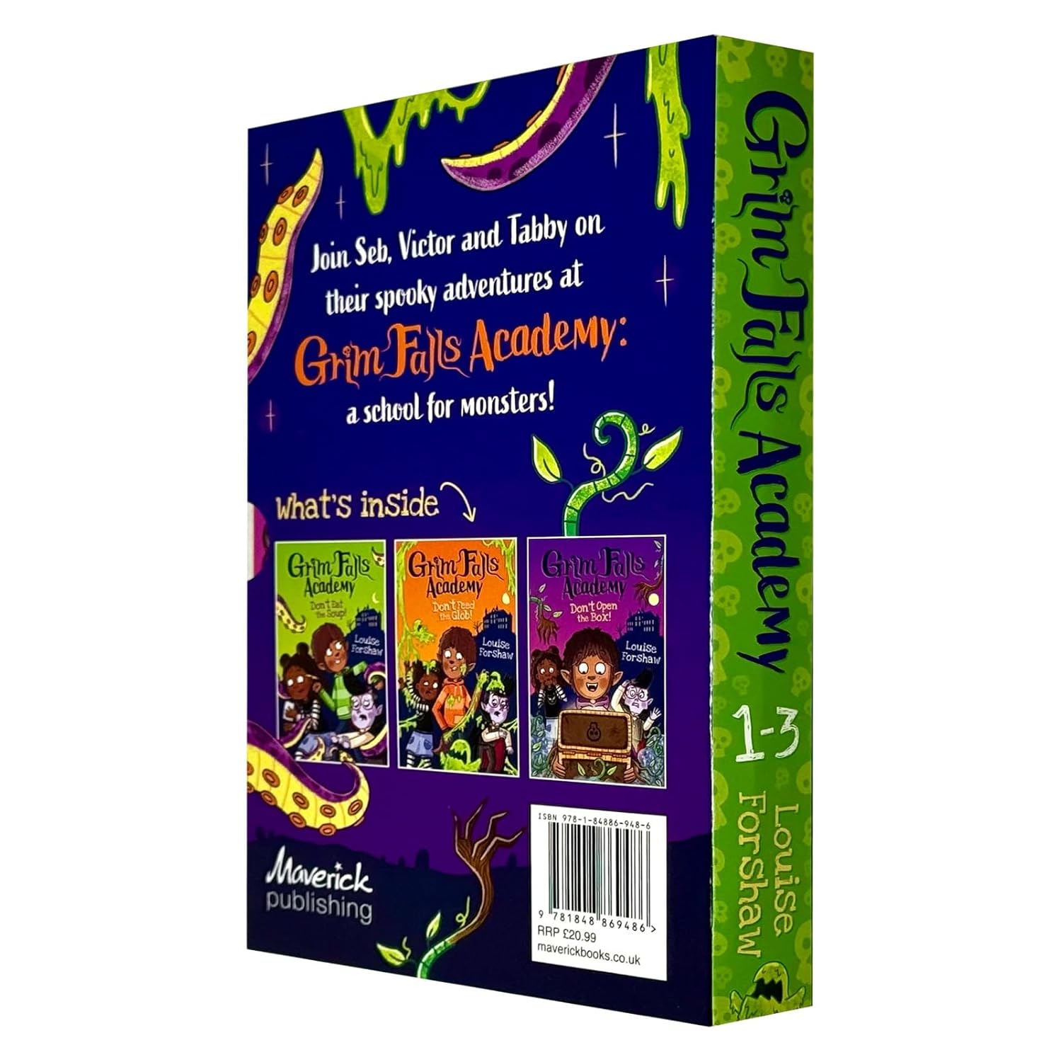 Grim Falls Academy 3 Books Collection Set by Louise Forshaw - paperback spines showing Don't Eat the Soup, Don't Feed the Glob and Don't Open the Box