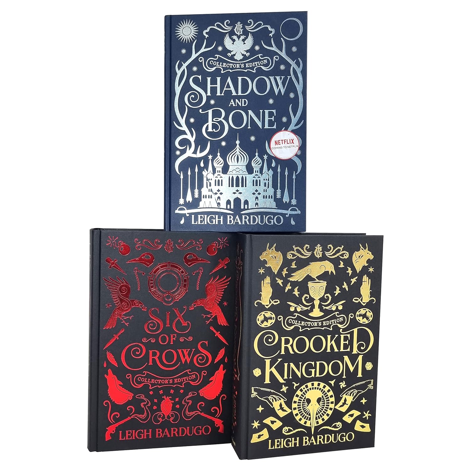 Leigh Bardugo Grishaverse hardback 3 book set spines - Shadow and Bone, Six of Crows, Crooked Kingdom