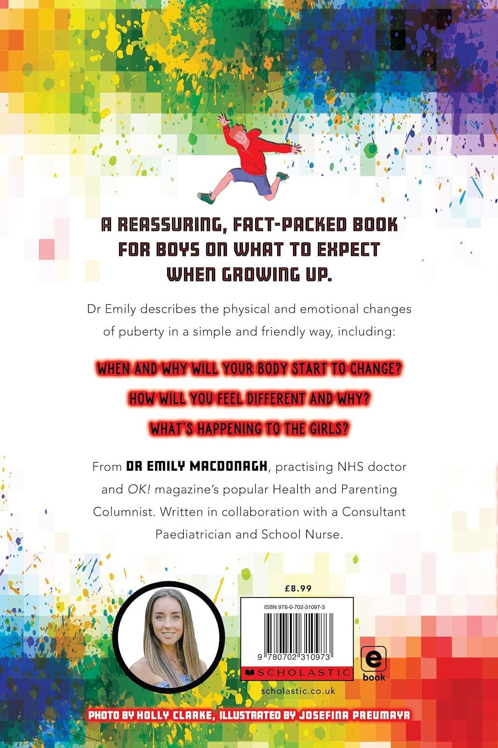 Back cover of Growing Up for Boys by Dr Emily MacDonagh, Scholastic paperback edition