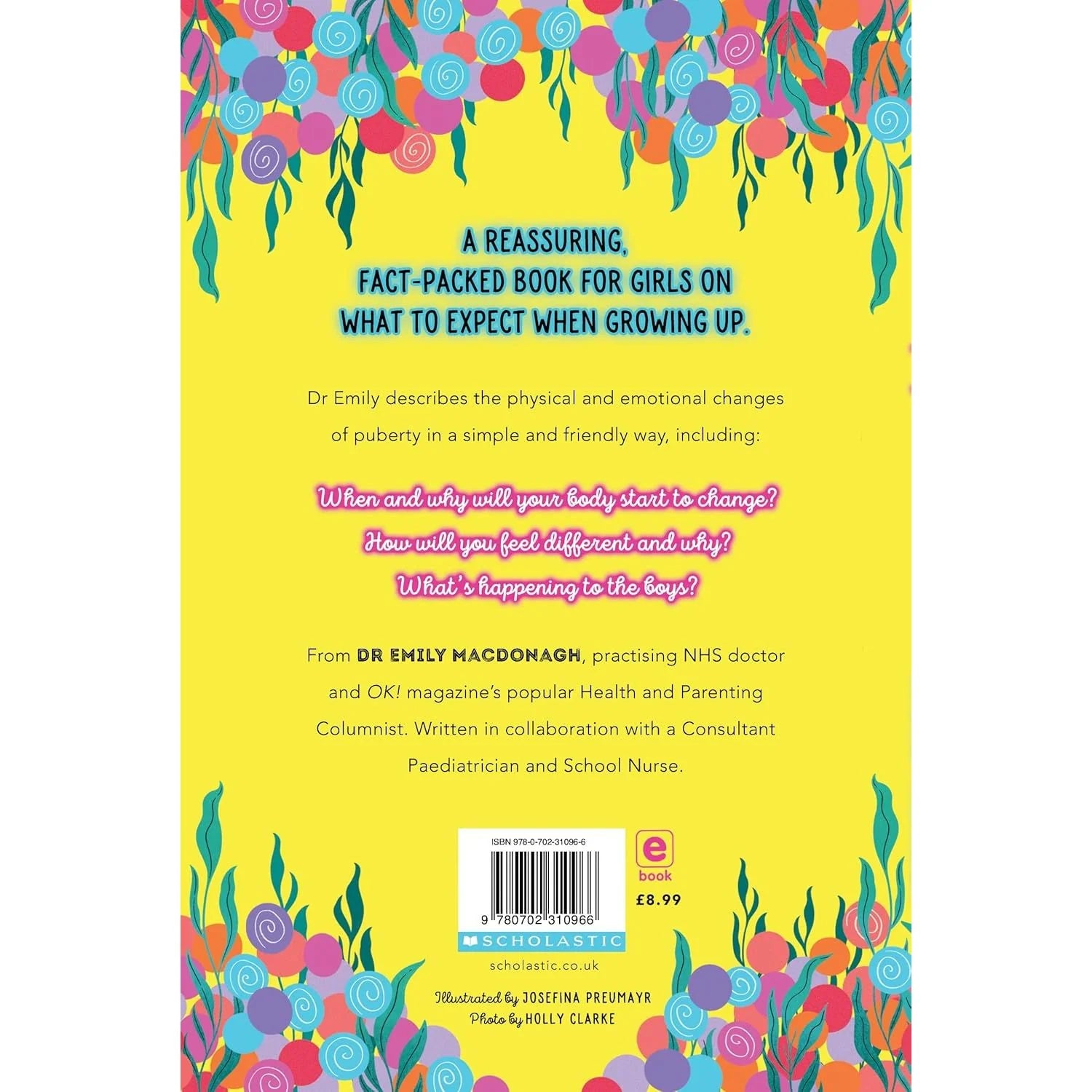 Growing Up for Girls by Dr Emily MacDonagh paperback - back cover with blurb, Scholastic non fiction for ages 9-11