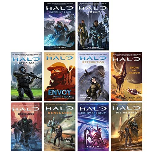 Halo 10 Books Collection Set paperback spines showing all ten titles including Retribution, Smoke and Shadow, Bad Blood, Renegades, Point of Light and Divine Wind