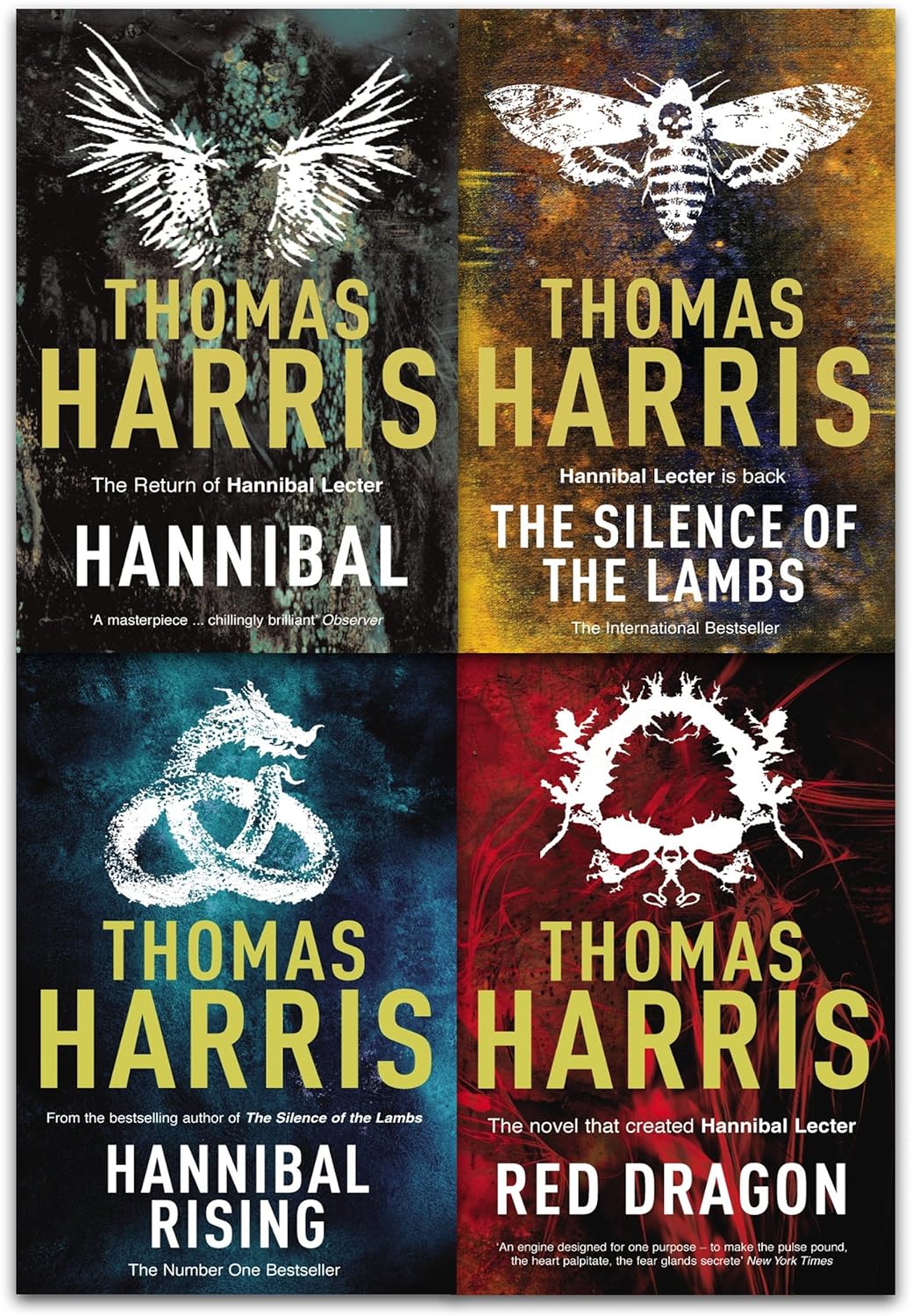 Hannibal Lecter Series 4 Books Collection Set by Thomas Harris - Paperback back cover view, Red Dragon, Silence of the Lambs, Hannibal, Hannibal Rising