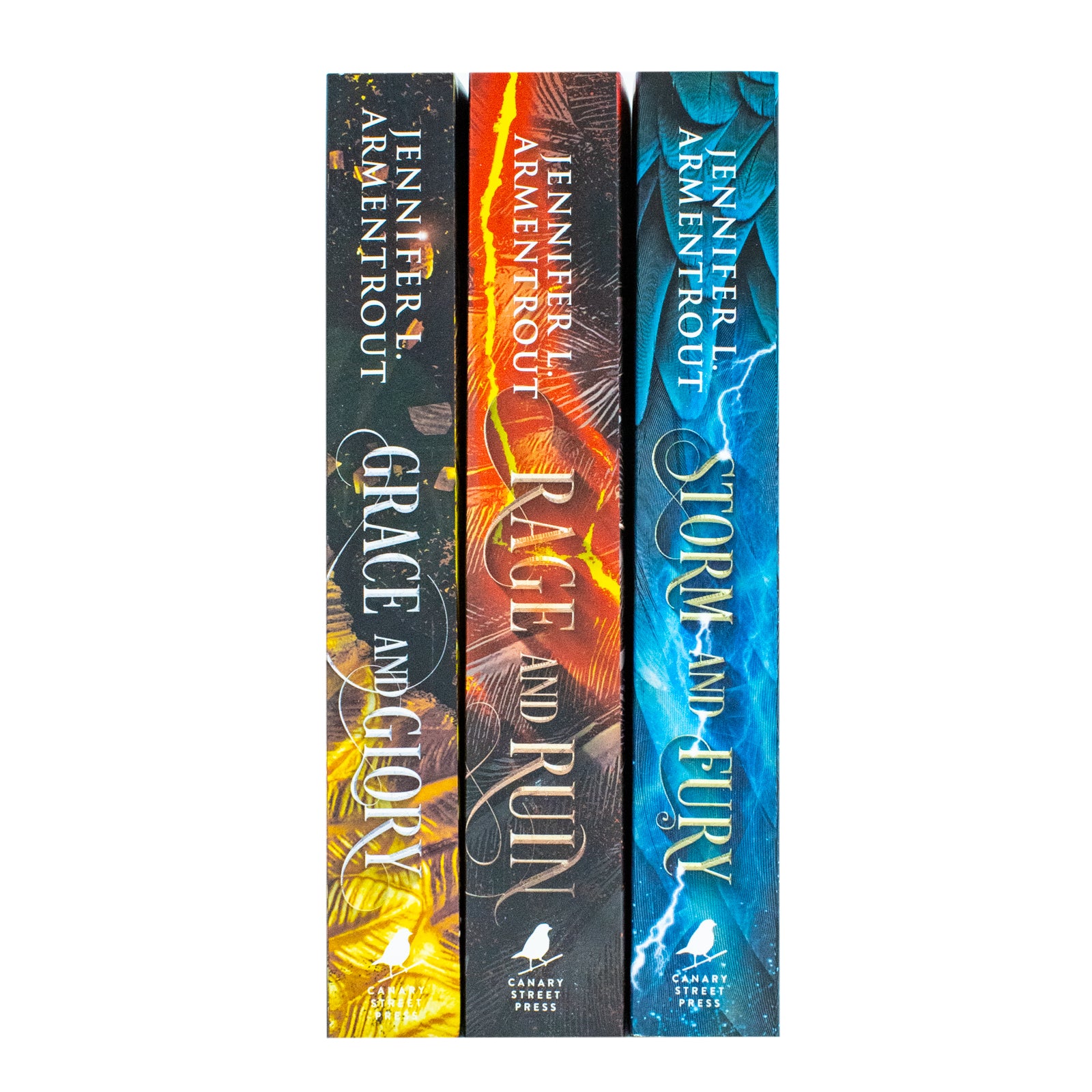 Storm and Fury, Rage and Ruin and Grace and Glory paperback covers - Jennifer L. Armentrout Harbinger series