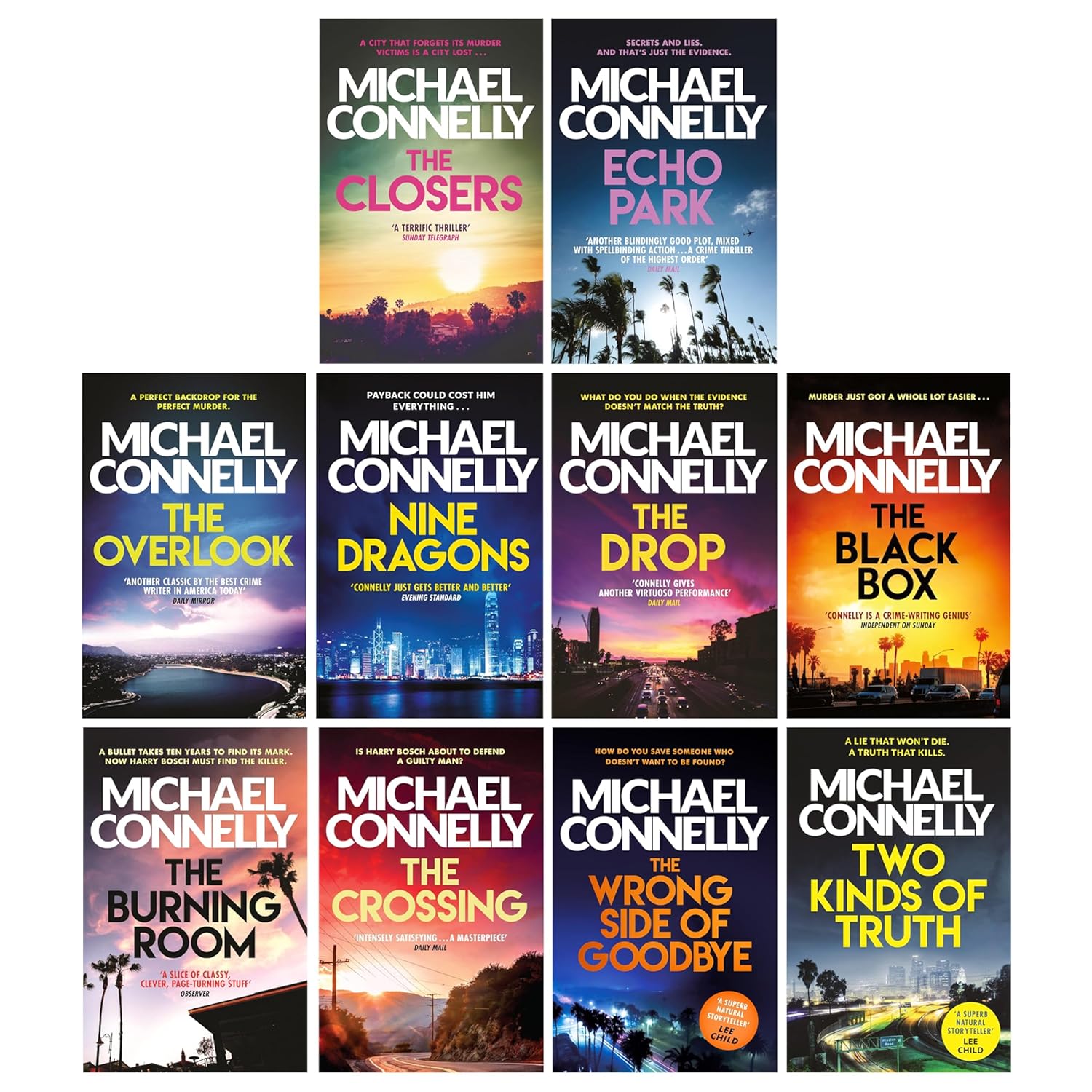 Stacked paperback books from the Harry Bosch Series 11-20 by Michael Connelly 10 Book Collection Set