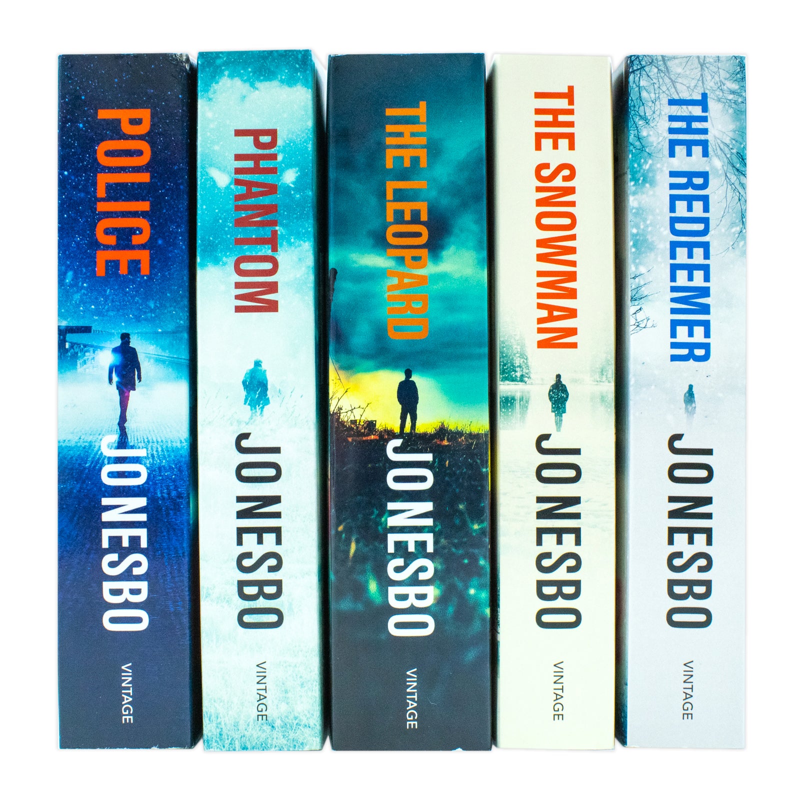 Harry Hole Series by Jo Nesbo - The Redeemer, The Snowman, The Leopard, Phantom and Police paperback books stacked