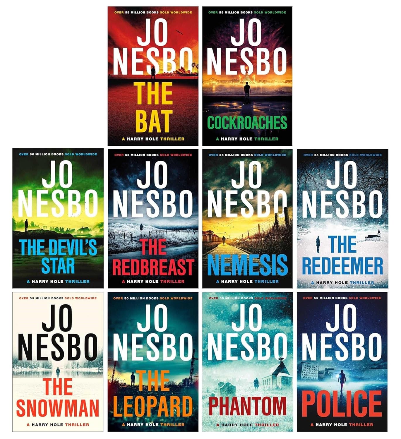 Harry Hole Series by Jo Nesbo 10 Book Paperback Collection Set featuring The Bat, Cockroaches, The Redbreast, Nemesis, The Devil's Star, The Redeemer, The Snowman, The Leopard, Phantom and Police