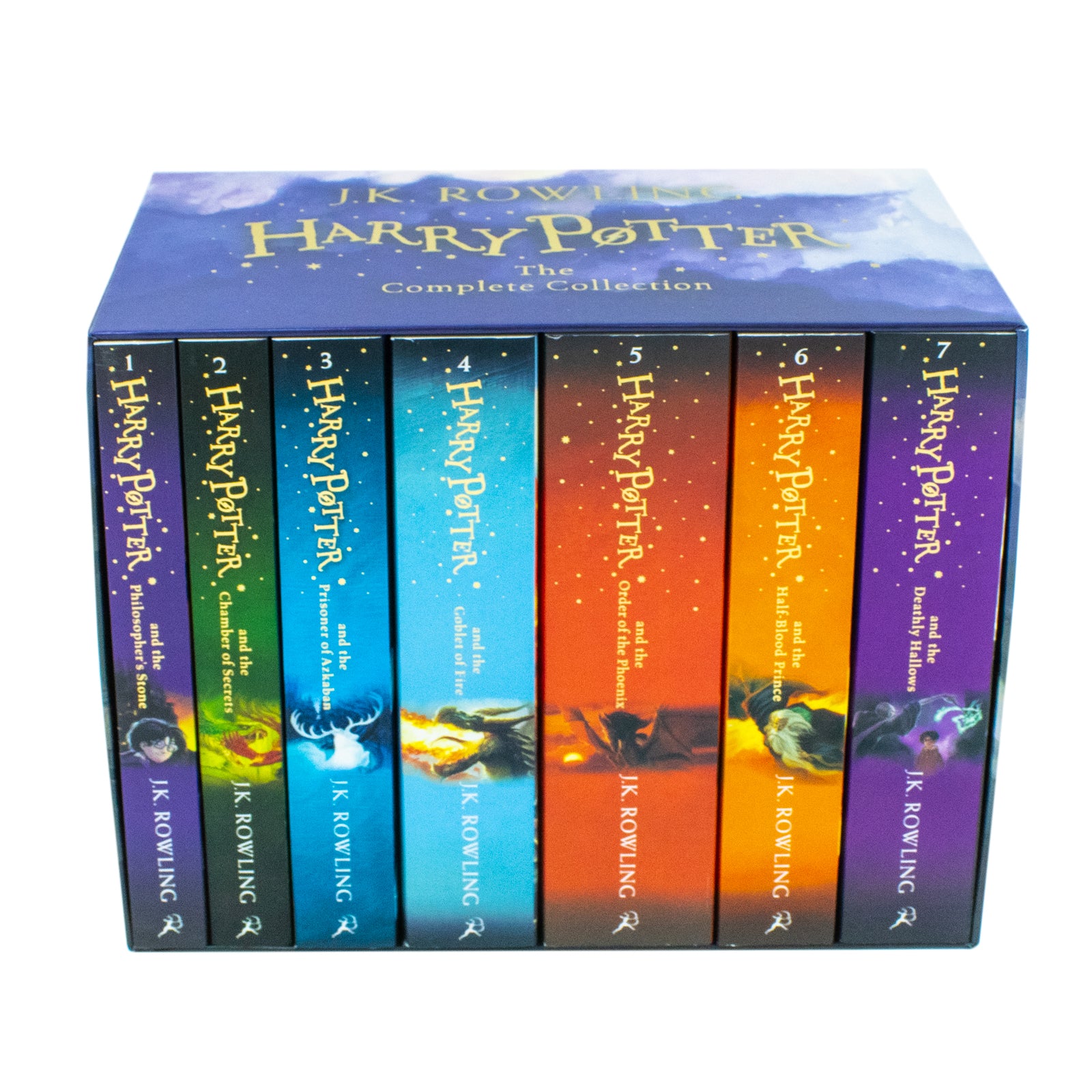 Harry Potter Complete Collection paperback box set - all seven books shown with Jonny Duddle covers