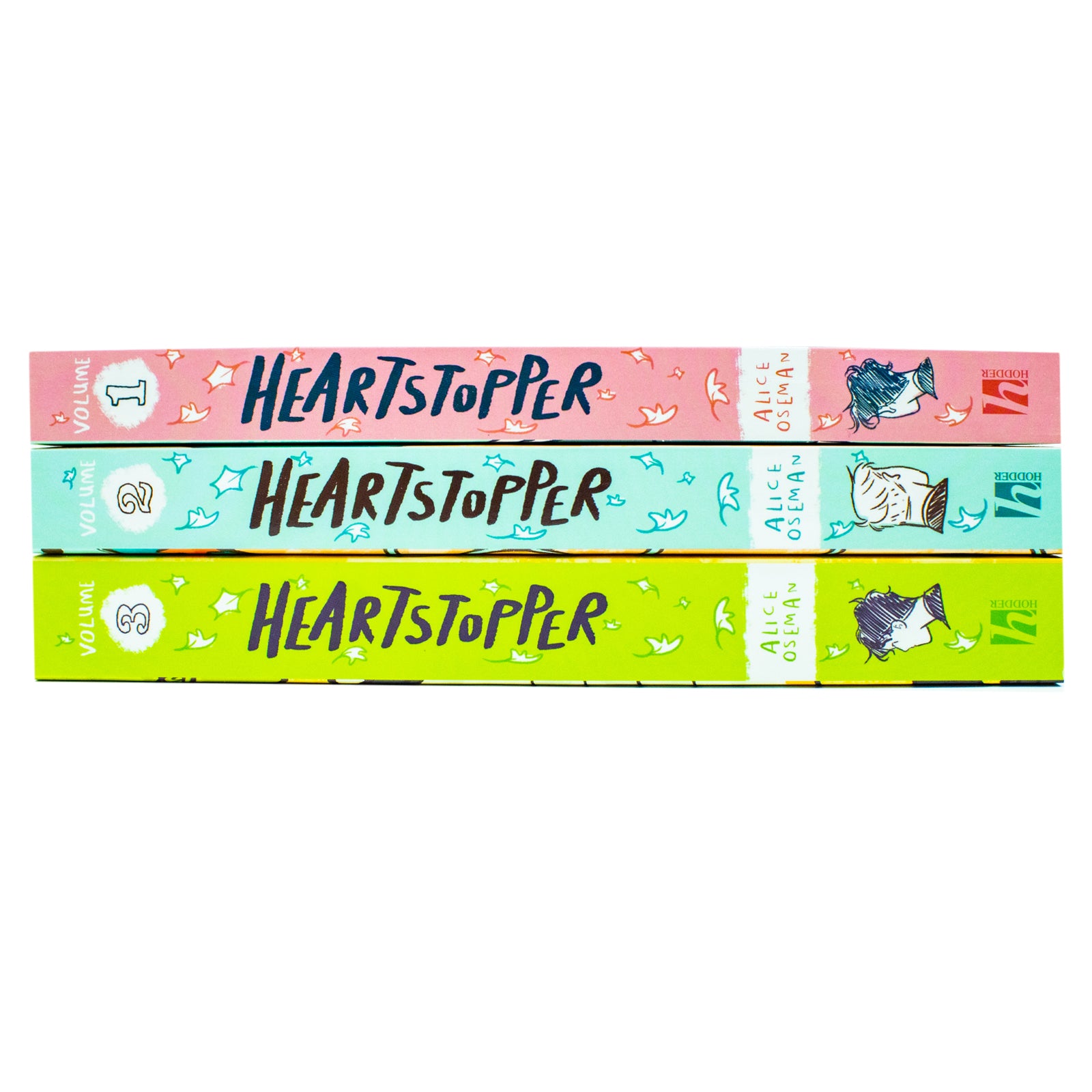 Heartstopper Volumes 1-3 paperback book spines - Alice Oseman LGBTQ+ YA graphic novel series set