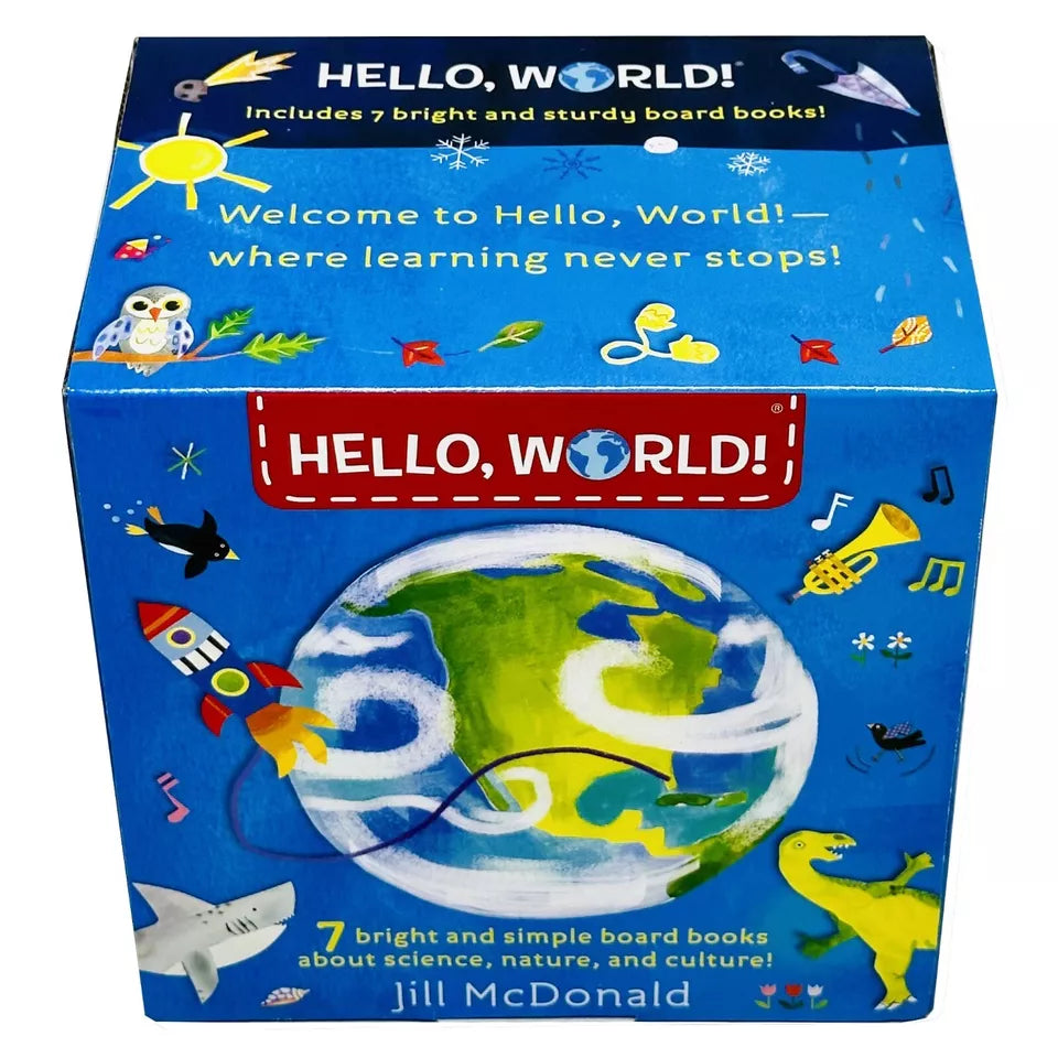 Hello, World! board book set contents by Jill McDonald - first nonfiction for ages 0-3