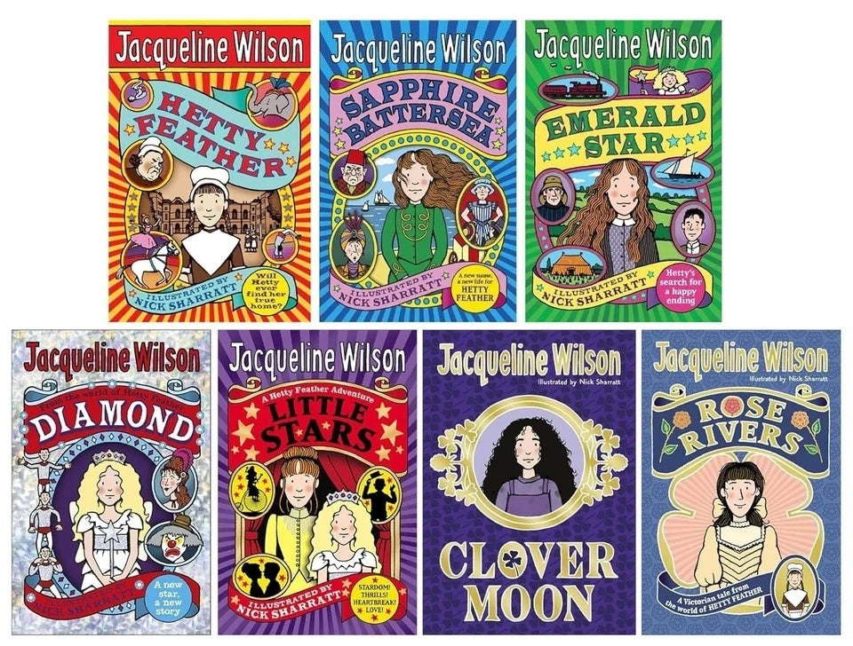 Stacked paperback books from the Hetty Feather series by Jacqueline Wilson, 7 book set