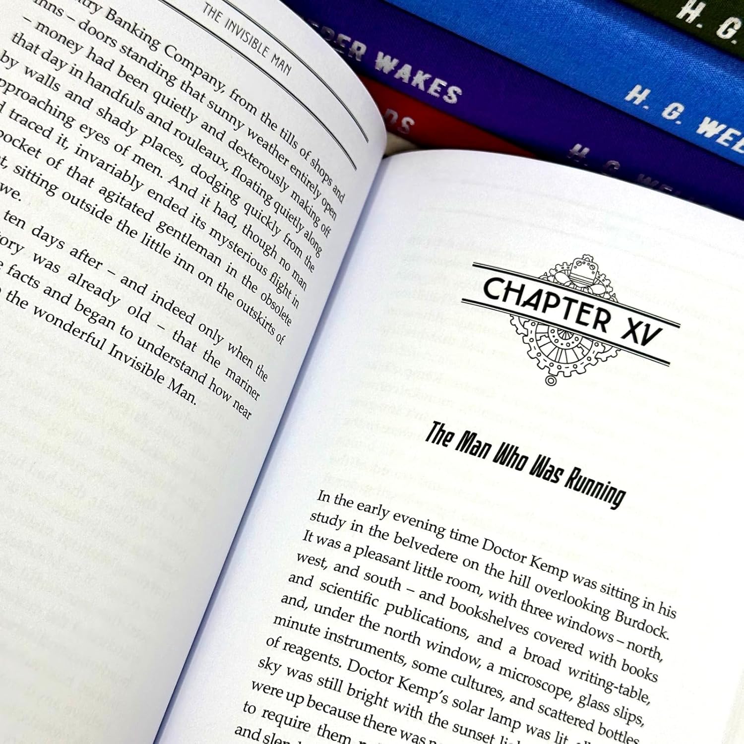 Close-up of embossed clothbound spines in the H. G. Wells 6 Book Collection hardback box set
