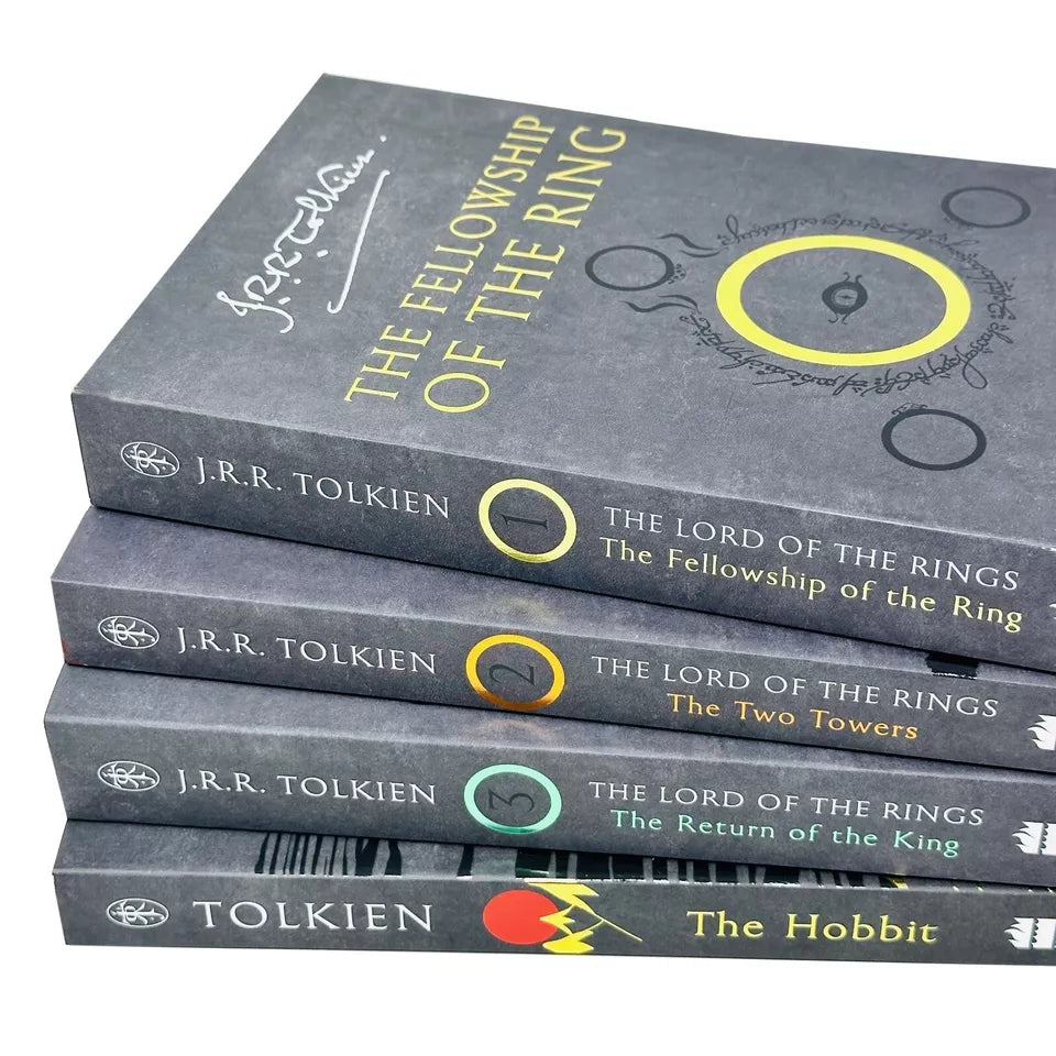 The Hobbit and Lord of the Rings 4 book paperback set by J.R.R. Tolkien - full set view