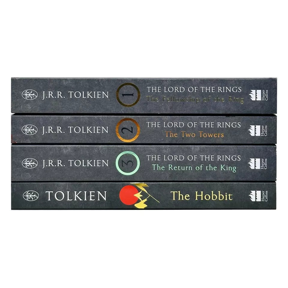 The Hobbit and Lord of the Rings trilogy paperback boxed set by J.R.R. Tolkien - book spines