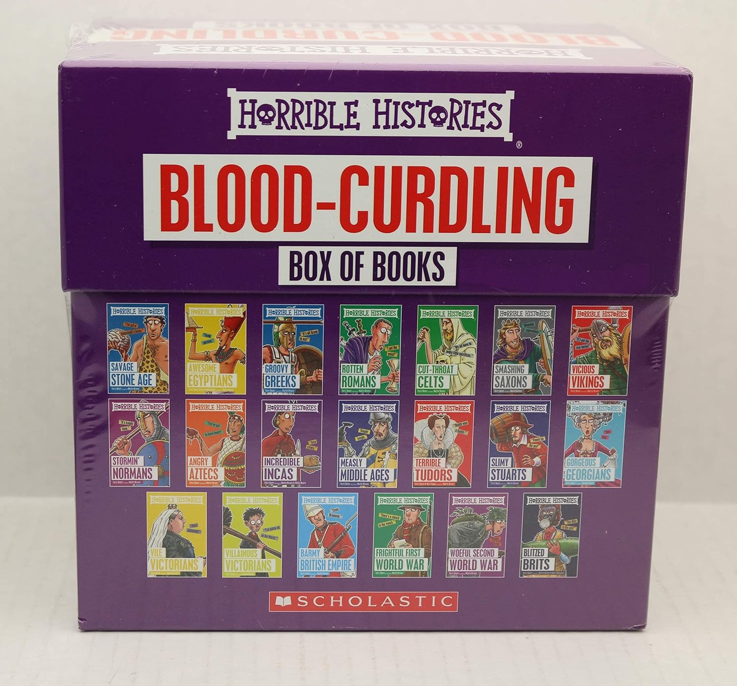 Horrible Histories 20 book paperback set by Terry Deary and Martin Brown shown with flip-top box open