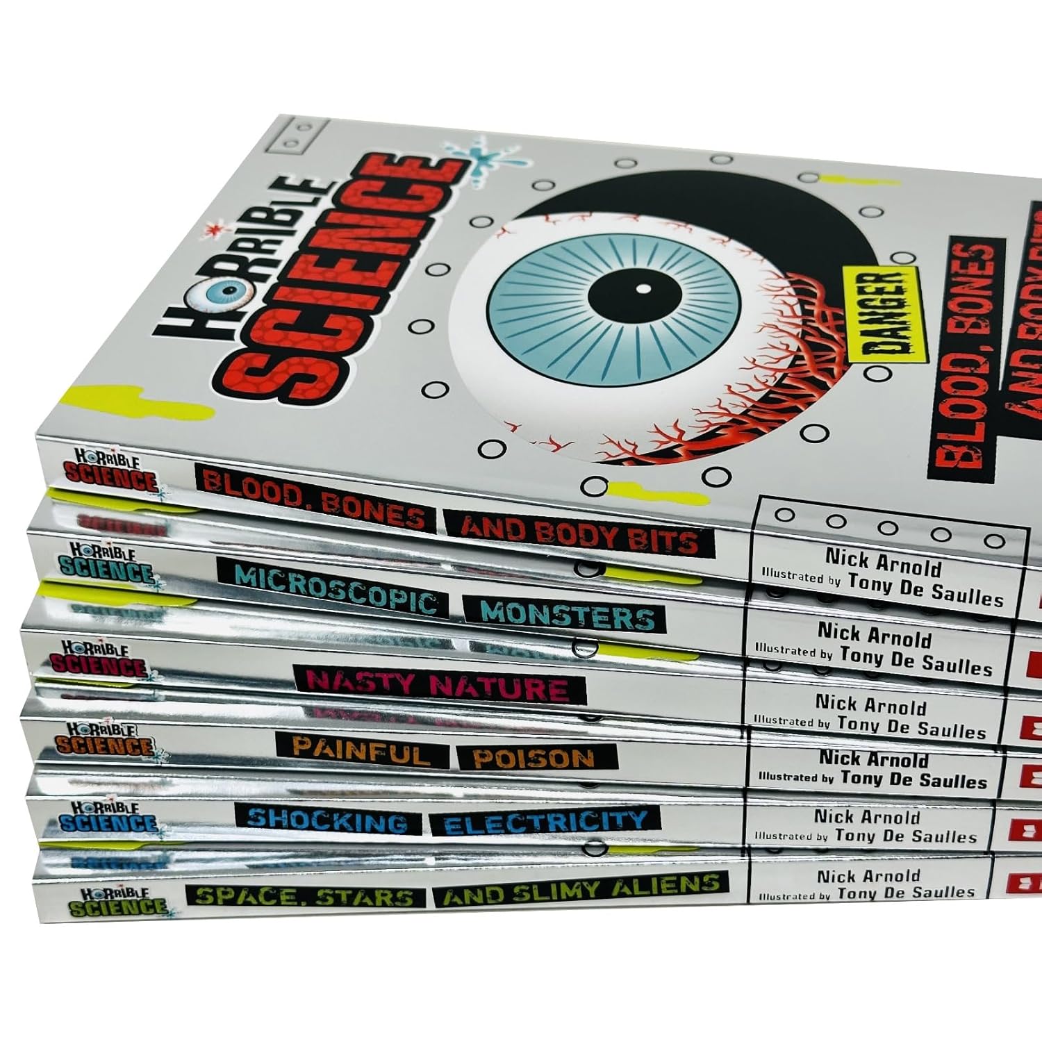 Horrible Science Nasty Nature paperback cover by Nick Arnold, part of the 6 book collection set for ages 8-12